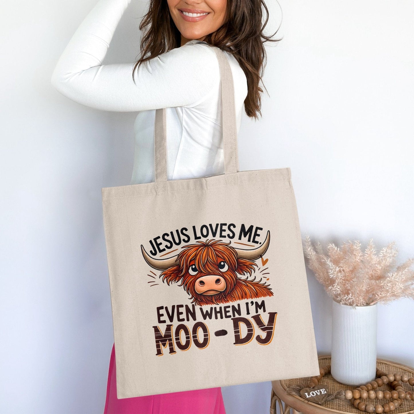 Jesus Loves Me Even When I'm Moo-dy Tote Bag product type