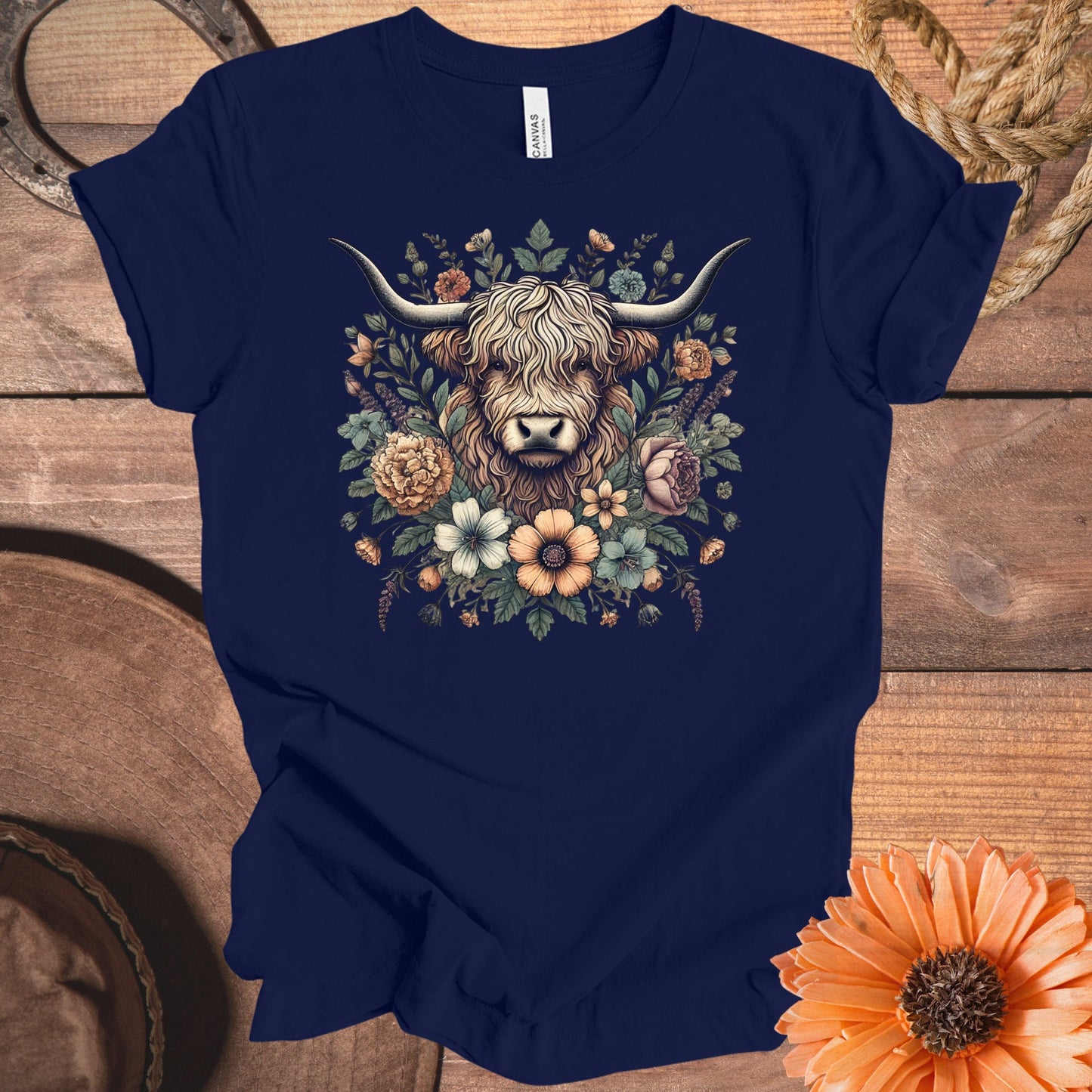 Highland Cow Floral Motif Graphic Tee shirt product type