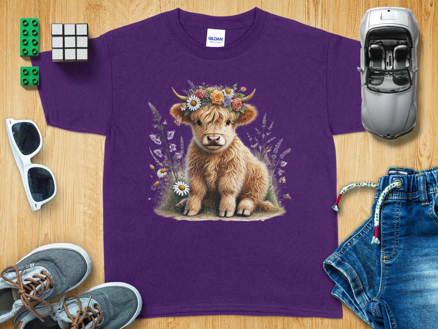 Adorable Highland Cow with Flowers Graphic T-Shirt product