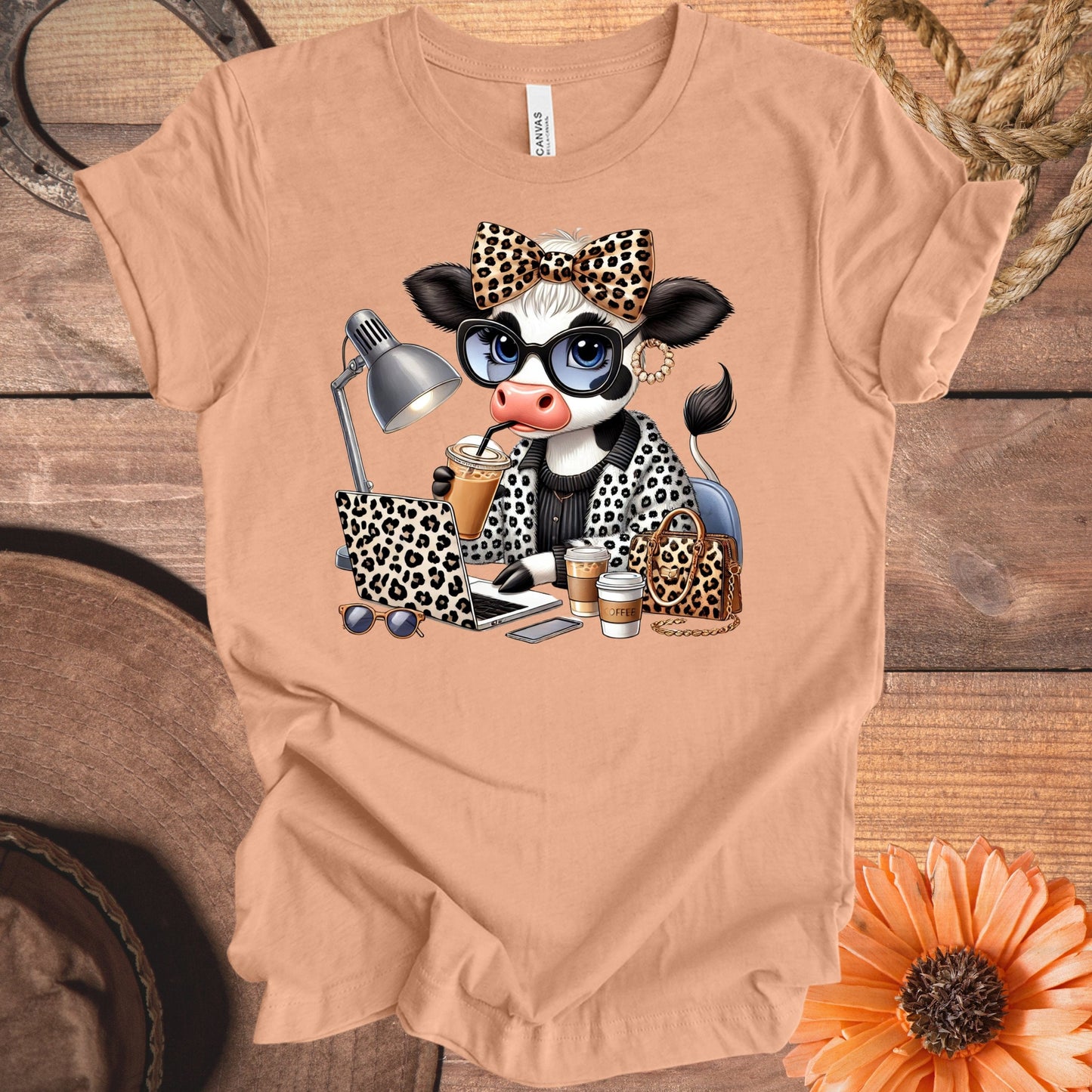 Cute Cow With Leopard Accesories On Desk T-Shirt product type