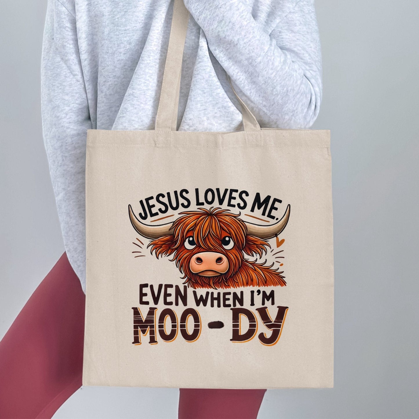Jesus Loves Me Even When I'm Moo-Dy tote bag product type