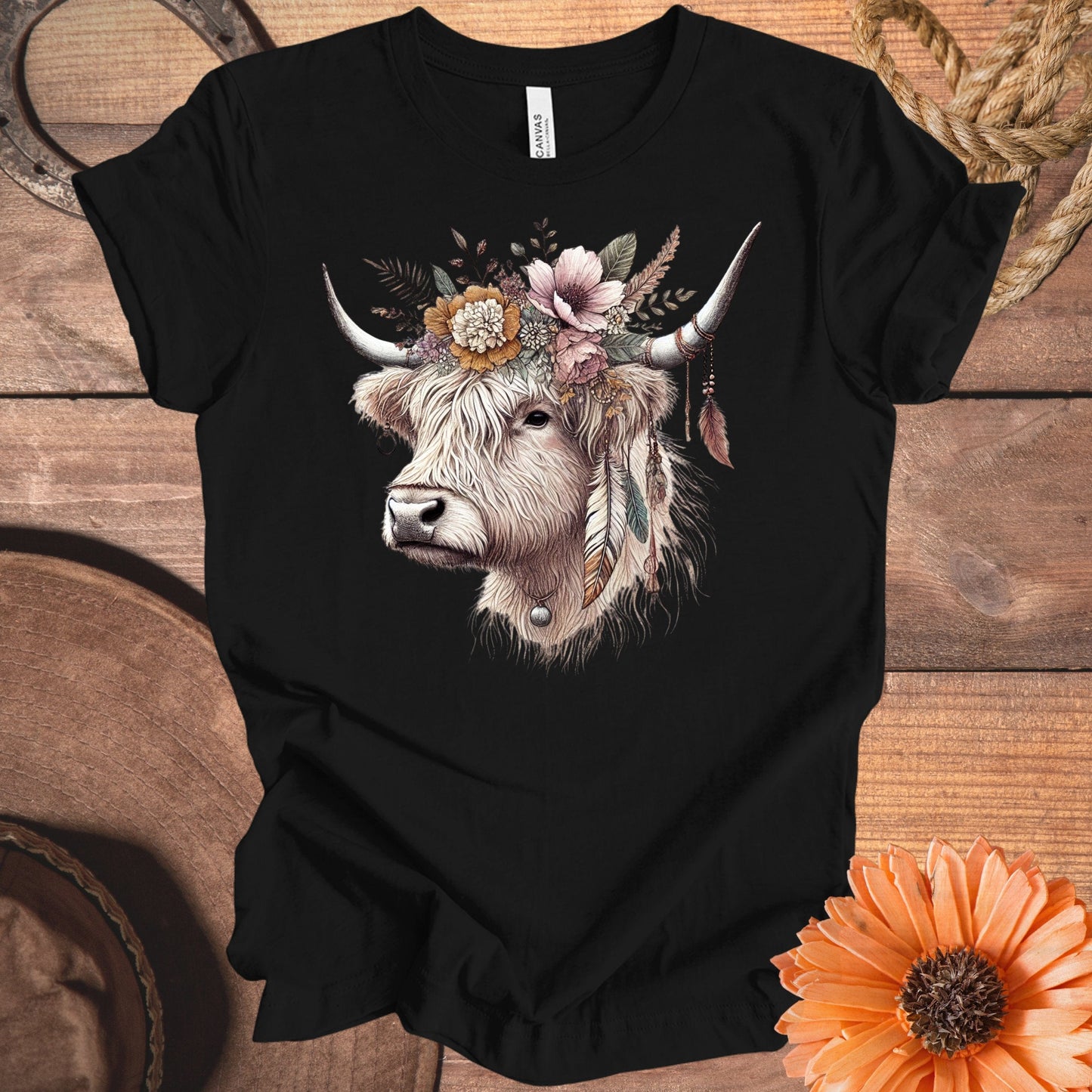 Floral Adorned Highland Cow Graphic Tee Shirt product type