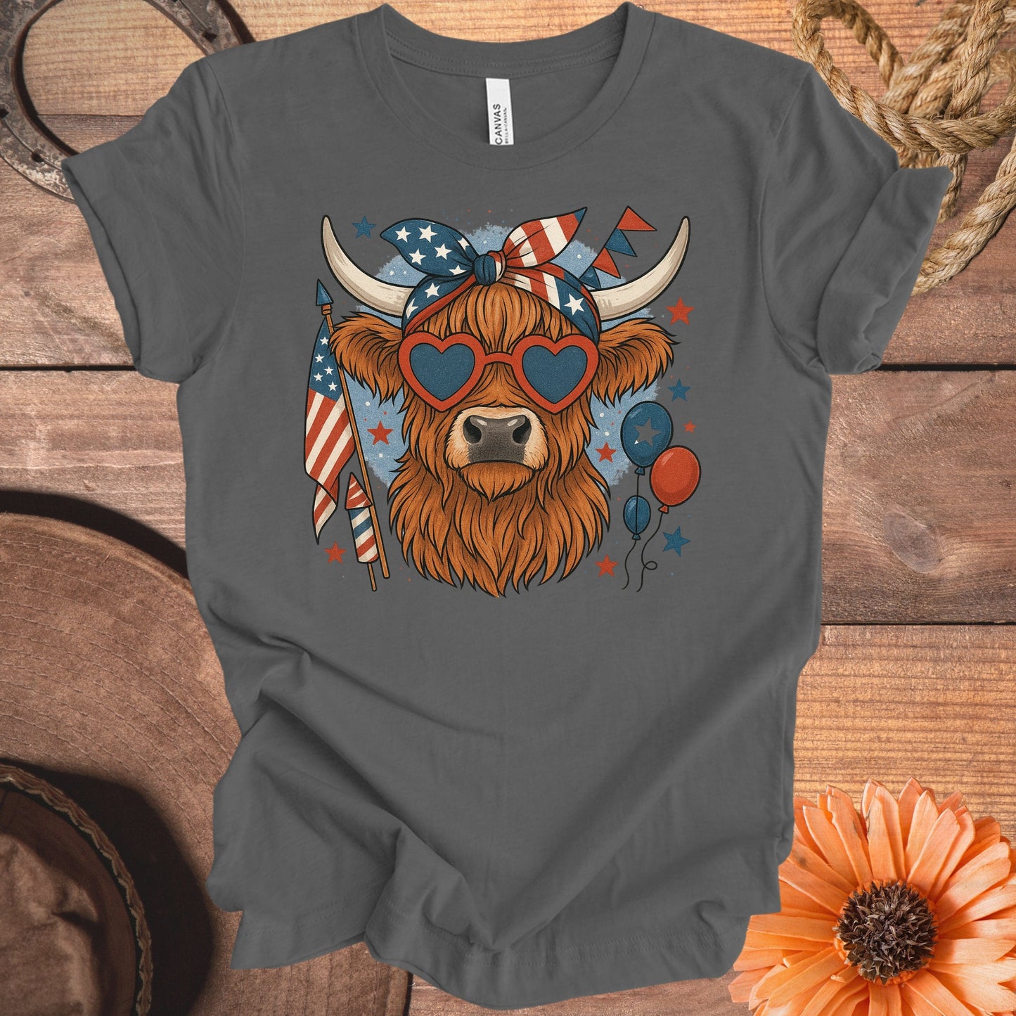 Patriotic Highland Cow in Sunglasses Graphic T-Shirt product