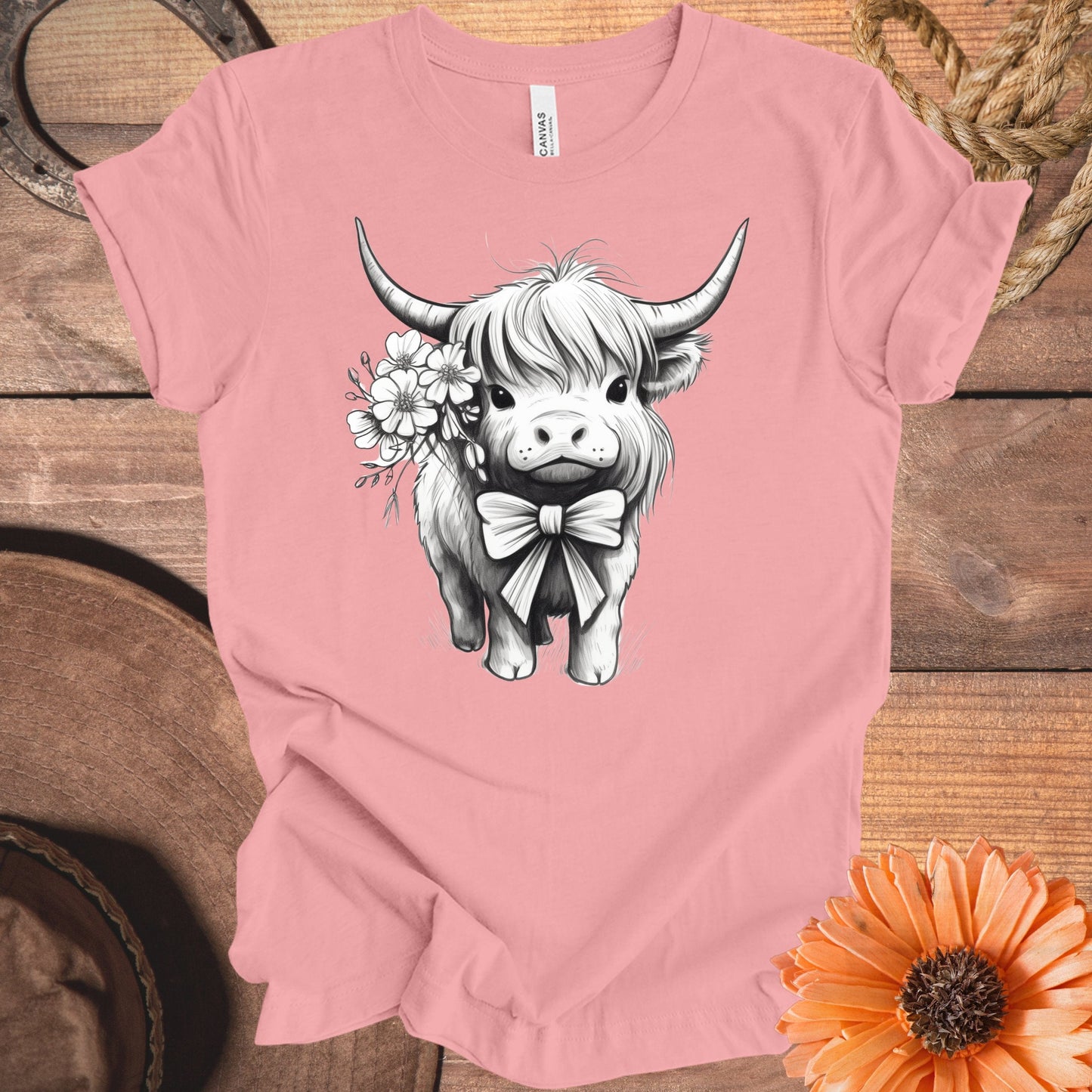 Cute Highland Cow with Bow and Flowers Graphic T-shirt