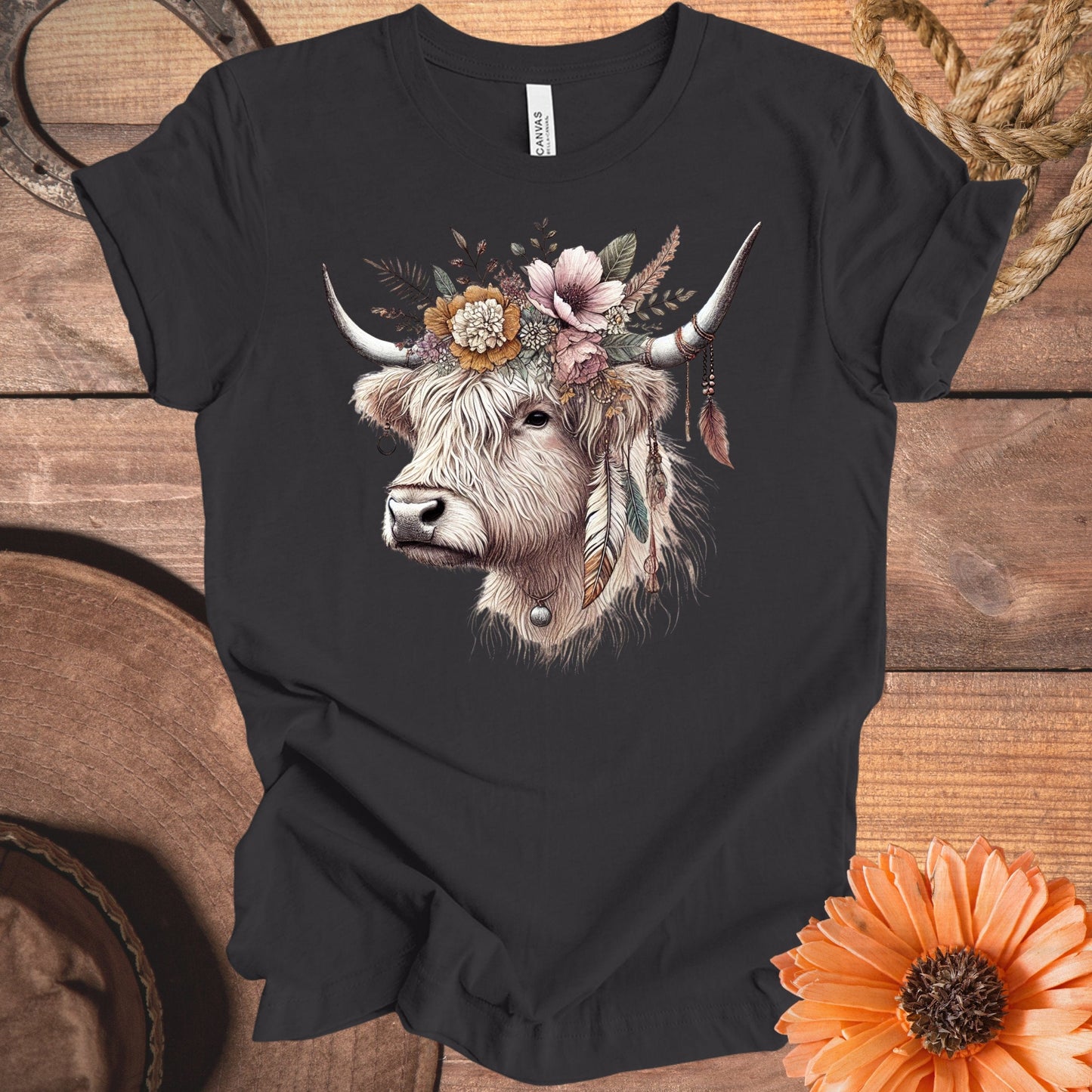 Highland Cow with Floral Crown Graphic Tee product