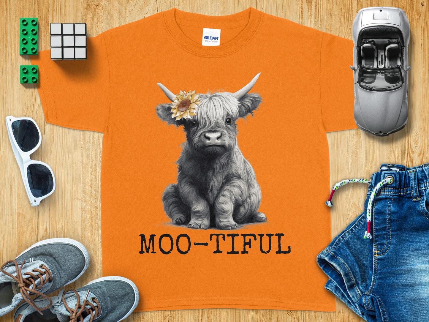 Moo-tiful Highland Cow with Flower Graphic T-shirt