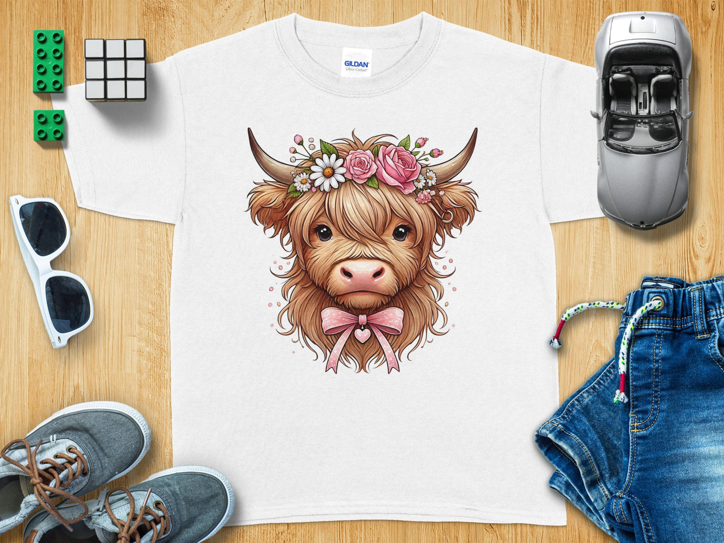 Cute Floral Bull with Bow Design Youth T-Shirt product type