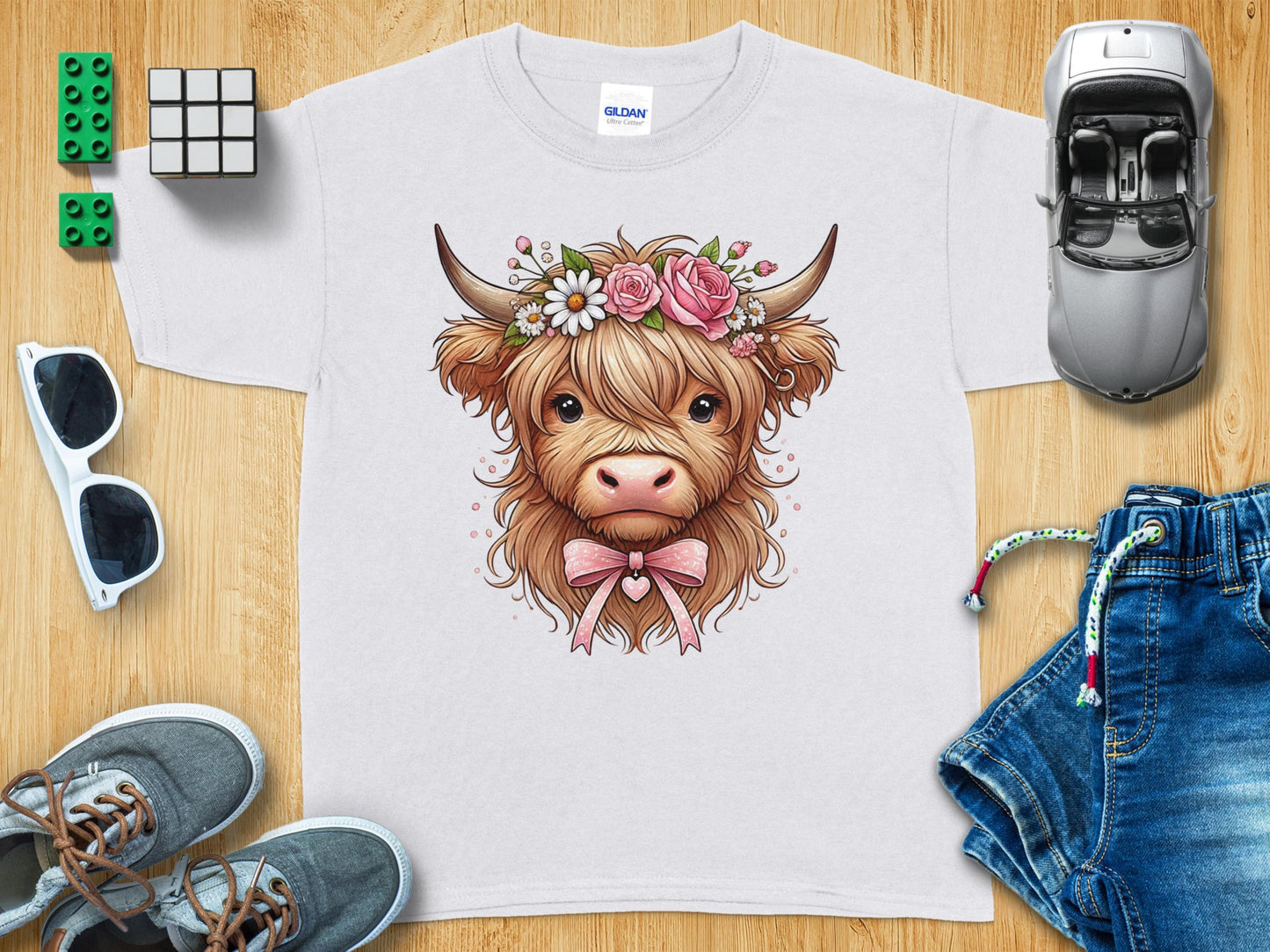 Adorable Floral Crown Cow Print Kids T-Shirt product type