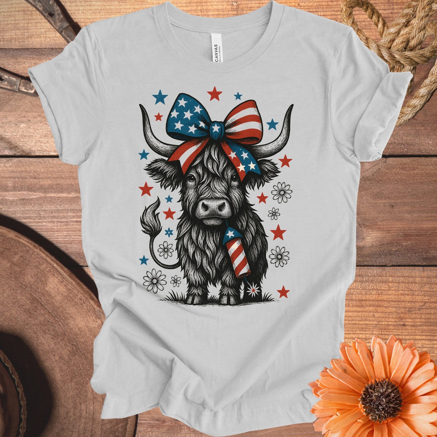 American Flag Bow Highland Cow Women's Shirt product