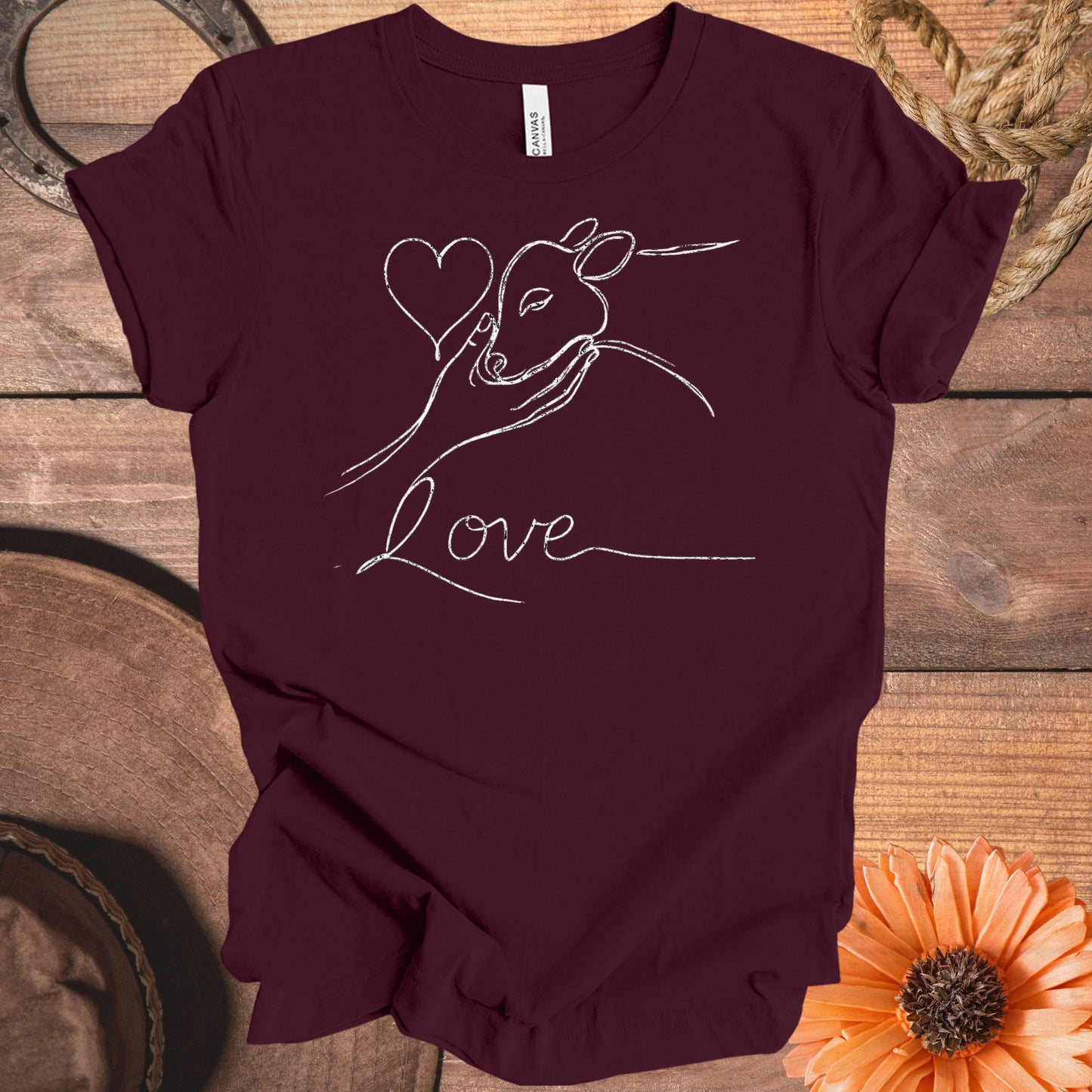 Heartfelt Love Cow Design Printed on Burgundy Shirt