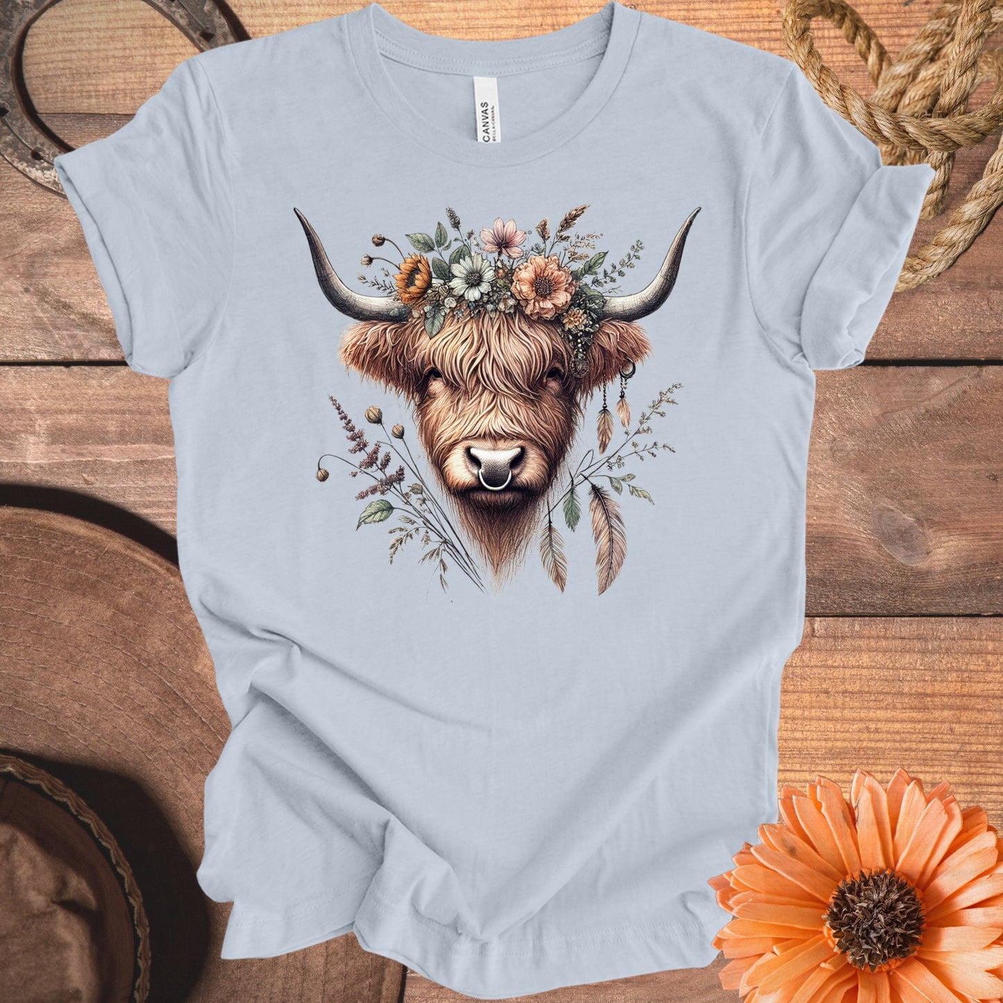 Highland Cow with Floral Crown Design Tee product type