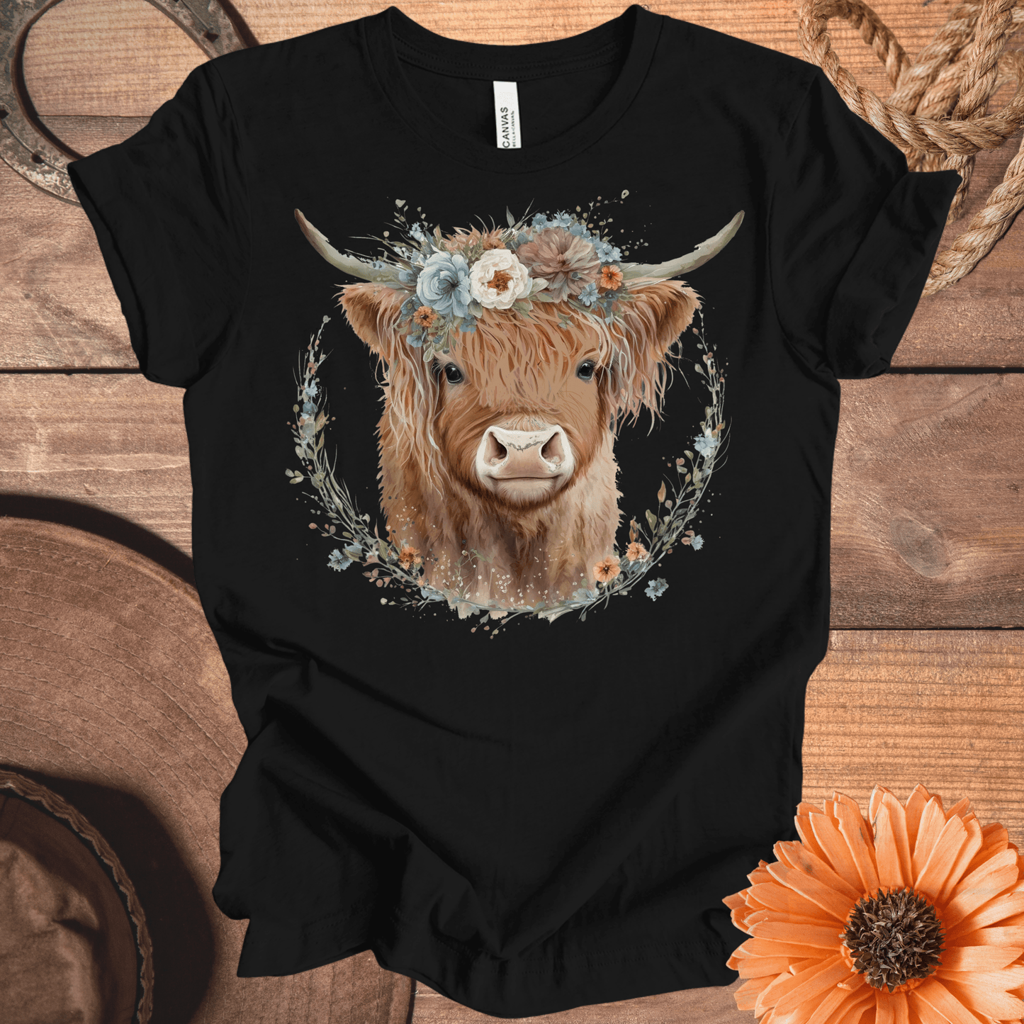 Highland Cow Watercolor Floral Crown Tee
