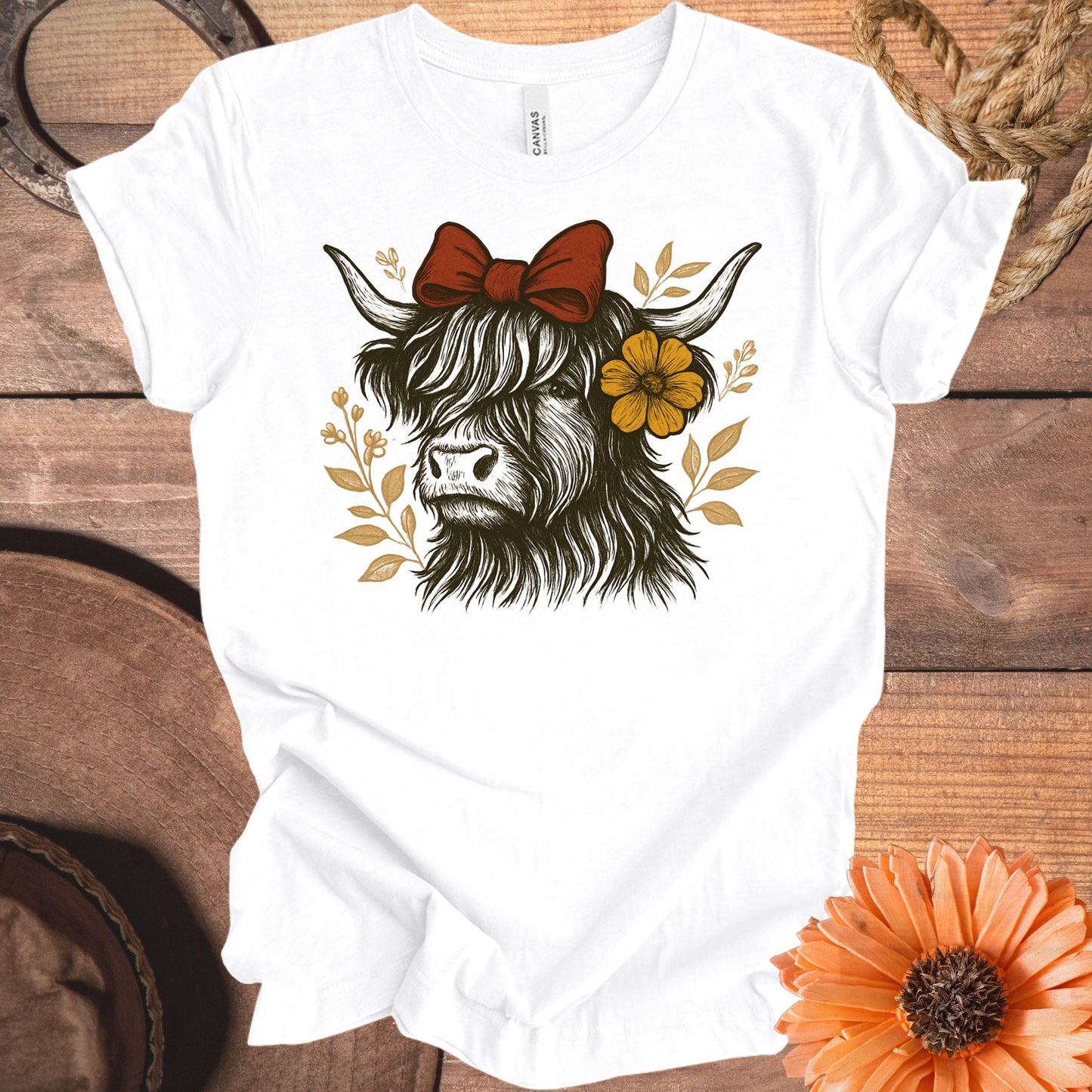 Highland Cow with Red Bow and Flower Graphic Shirt product type