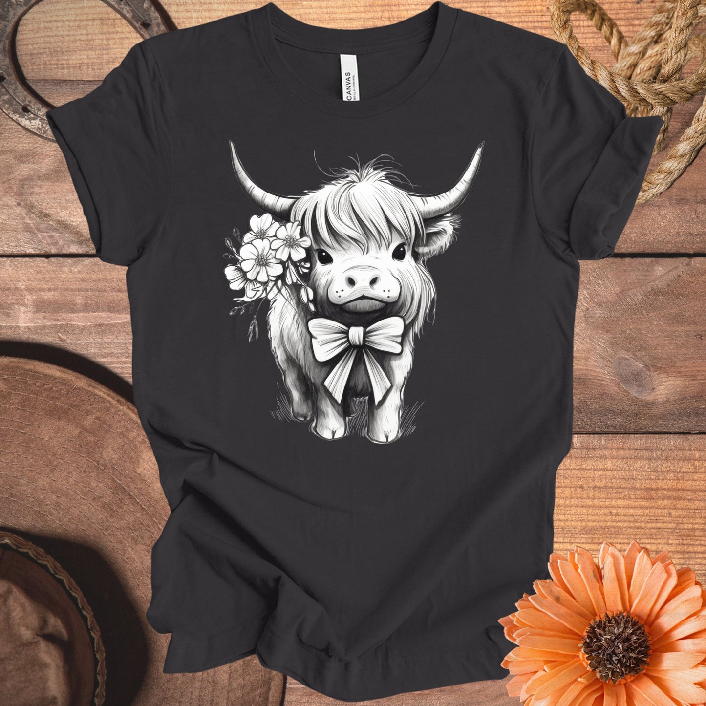 Cute Highland Cow Drawing with Flowers Shirt product
