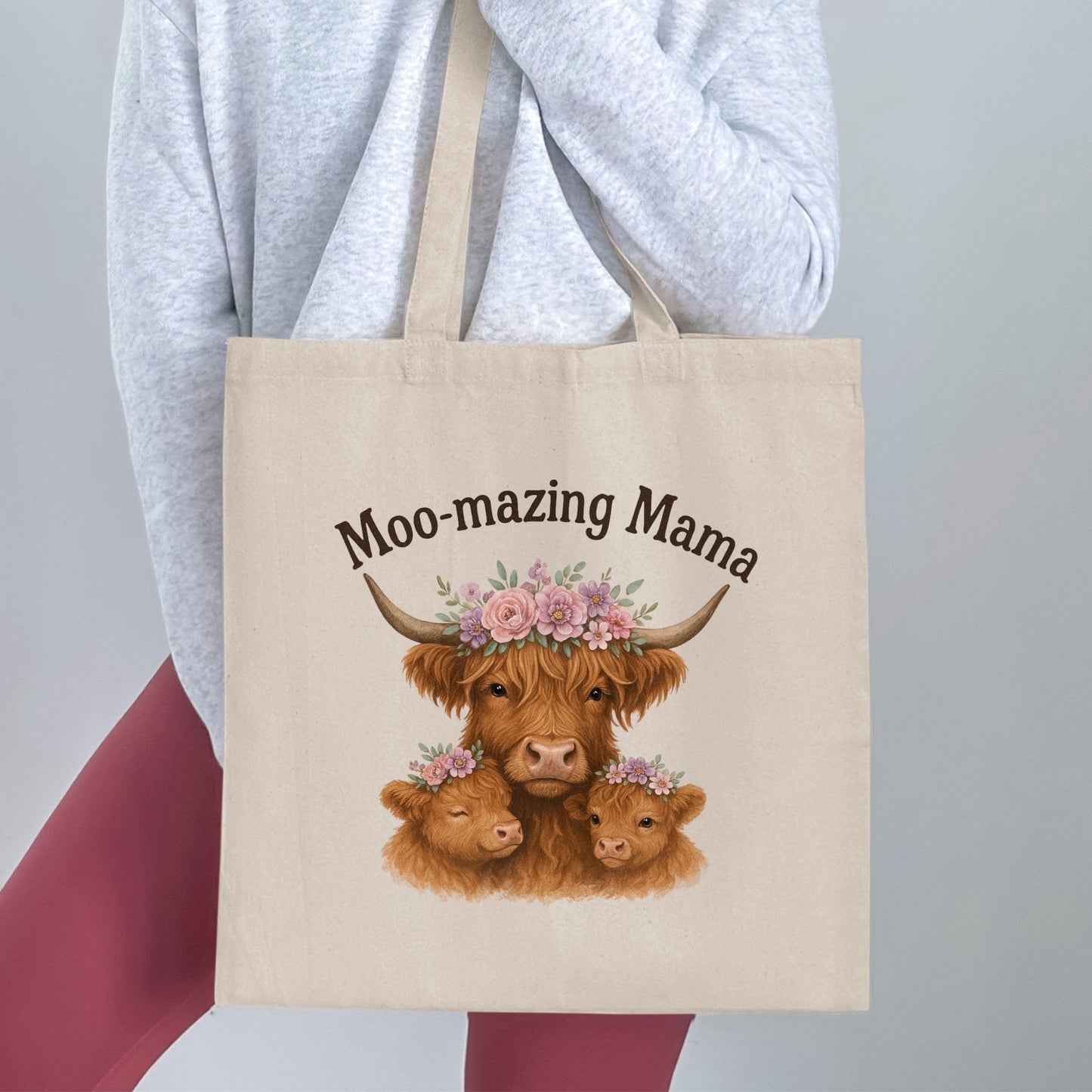 Moo-mazing Mama Highland Cow Themed Tote Bag product type