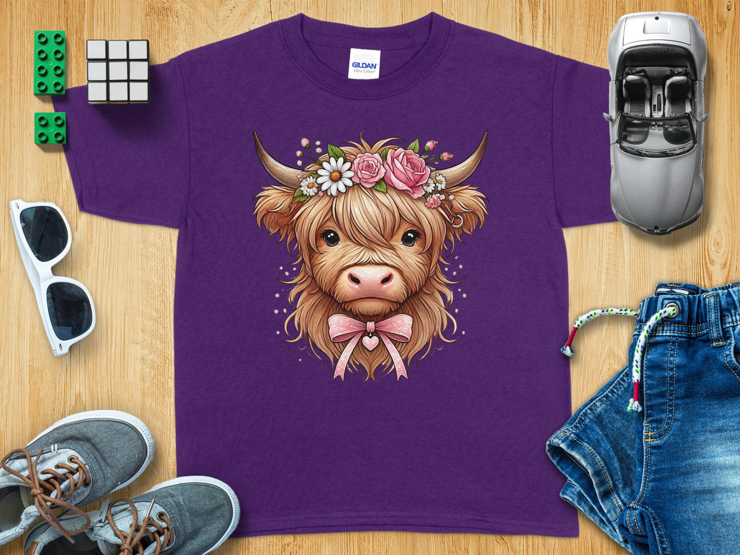 Cute Floral Cow Graphic on Purple Kids T-Shirt product type