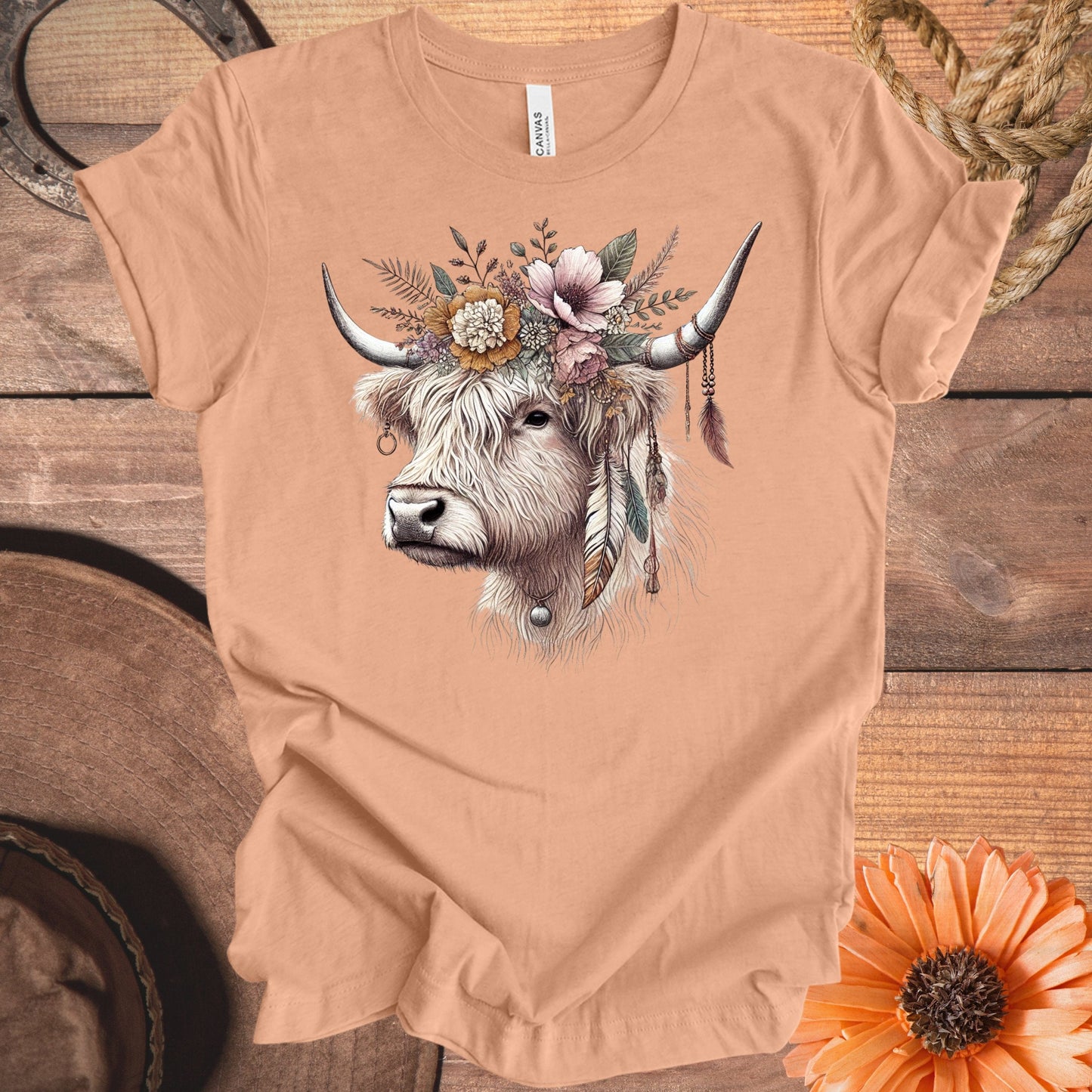 Highland Cow with Floral Crown Graphic T-Shirt product type