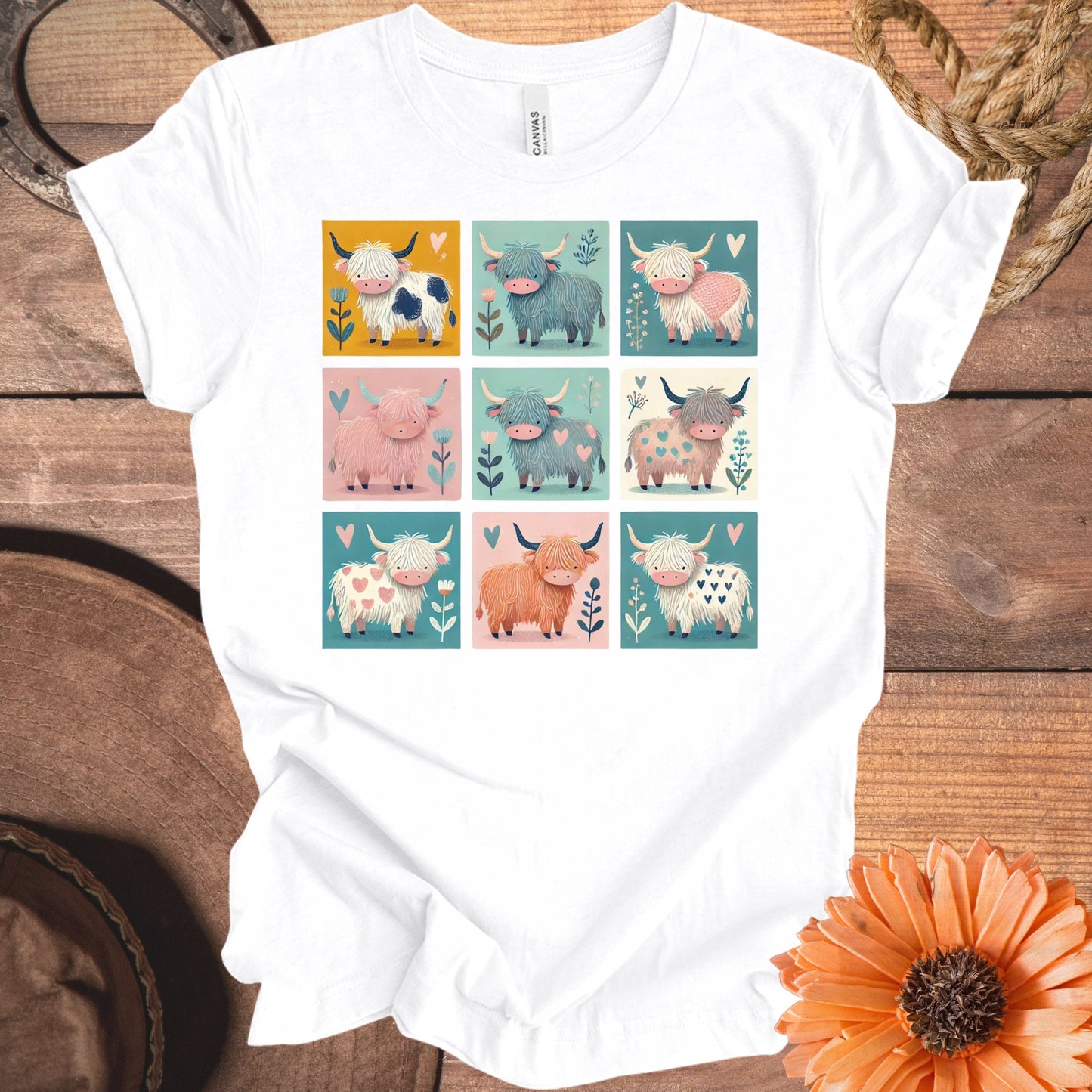 Colorful Cartoon Highland Cows Graphic T-shirt product