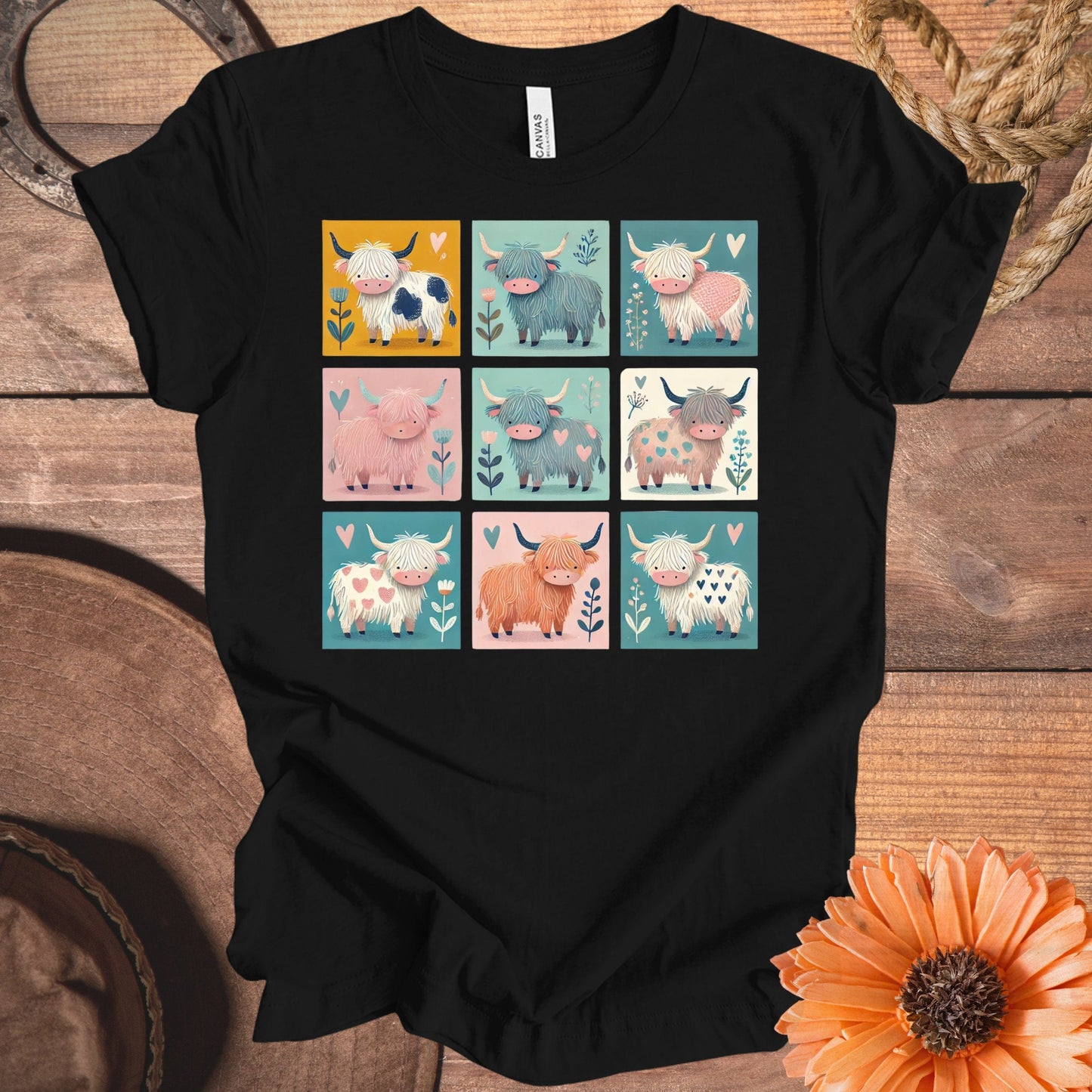 Cute Farm Animal Grid of Highland Cows T-Shirt Product