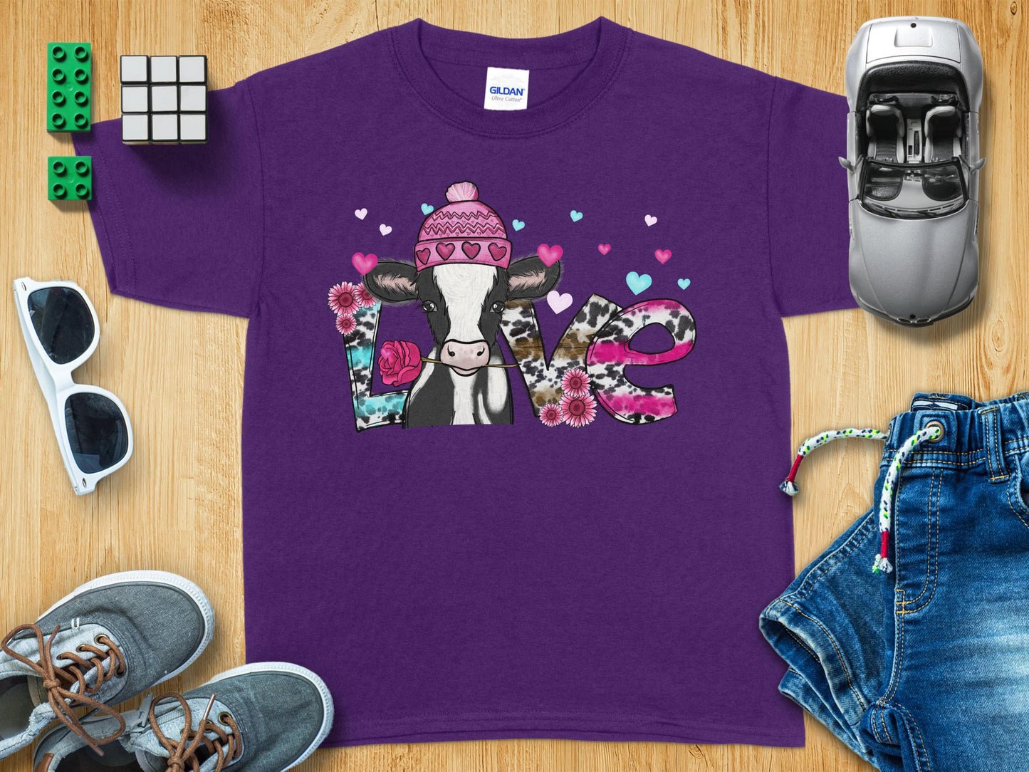 Cute Love Themed Cow Print Purple Shirt Clothing Product