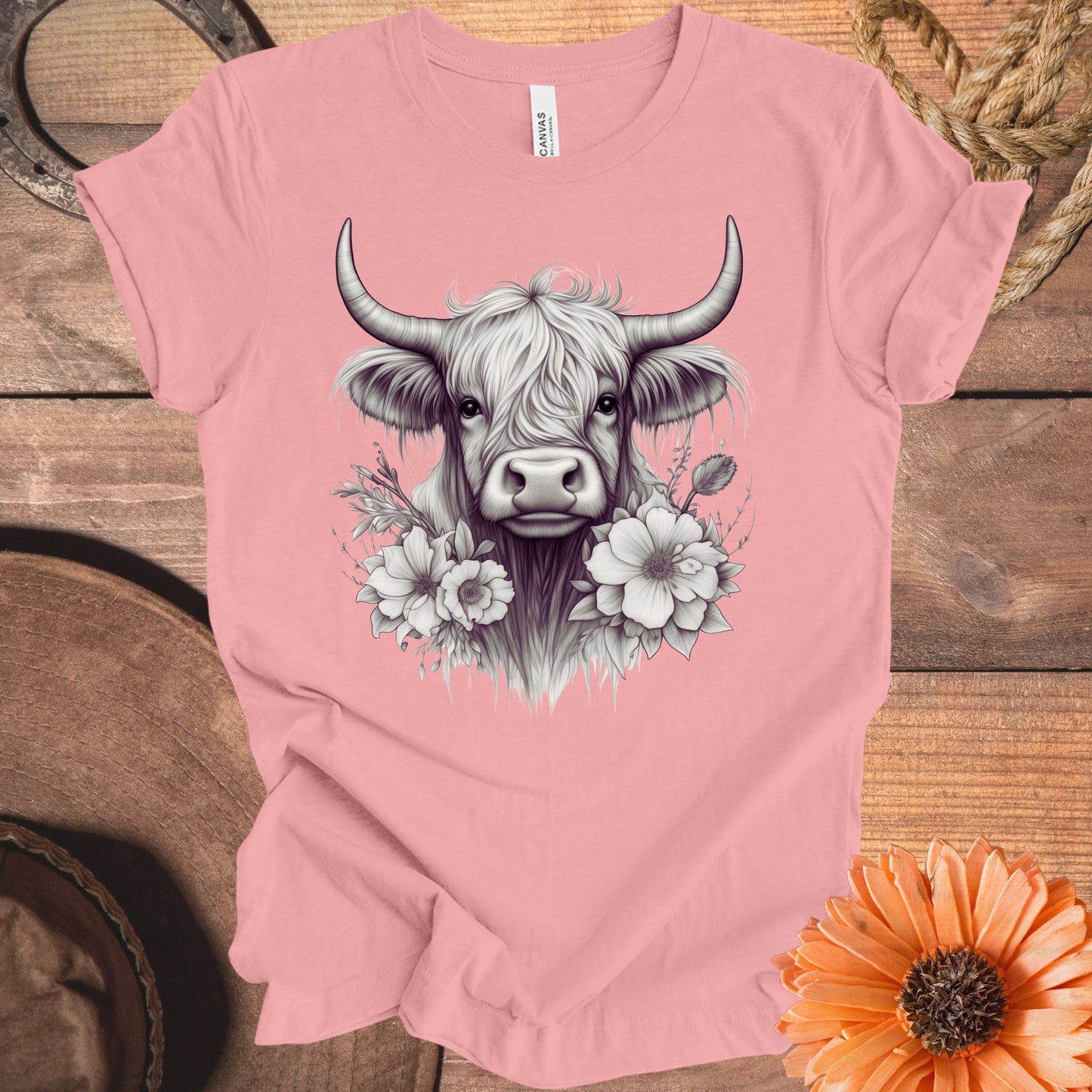 Highland Cow Floral Art on Pink T-Shirt product type
