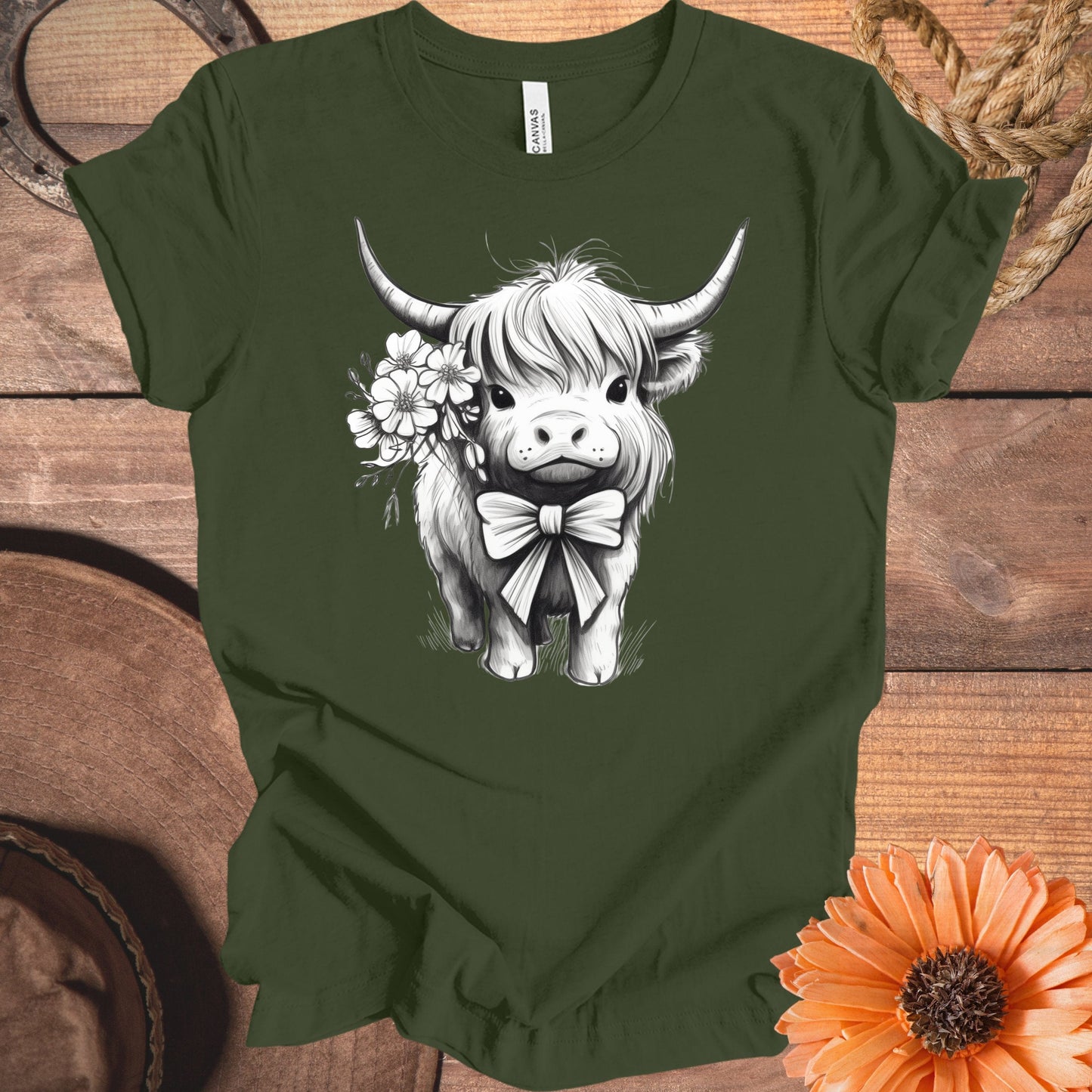 Adorable Highland Cow With Flowers Graphic Tee product