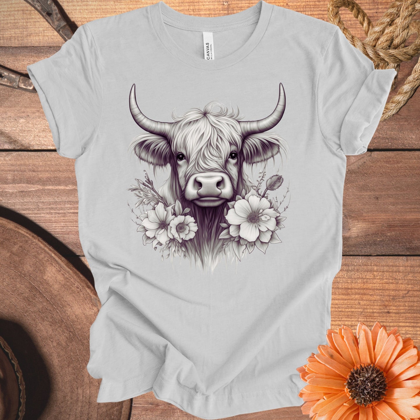 Highland Cow with Floral Accents T-shirt product type