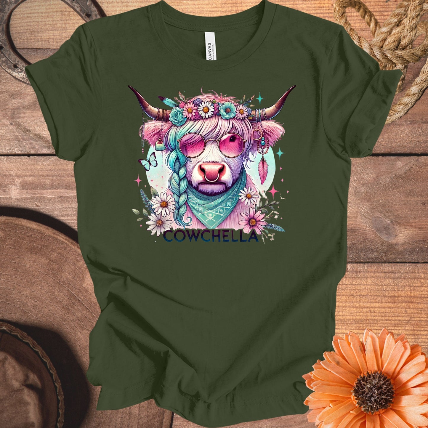 Cowchella hippie cow with sunglasses graphic shirt