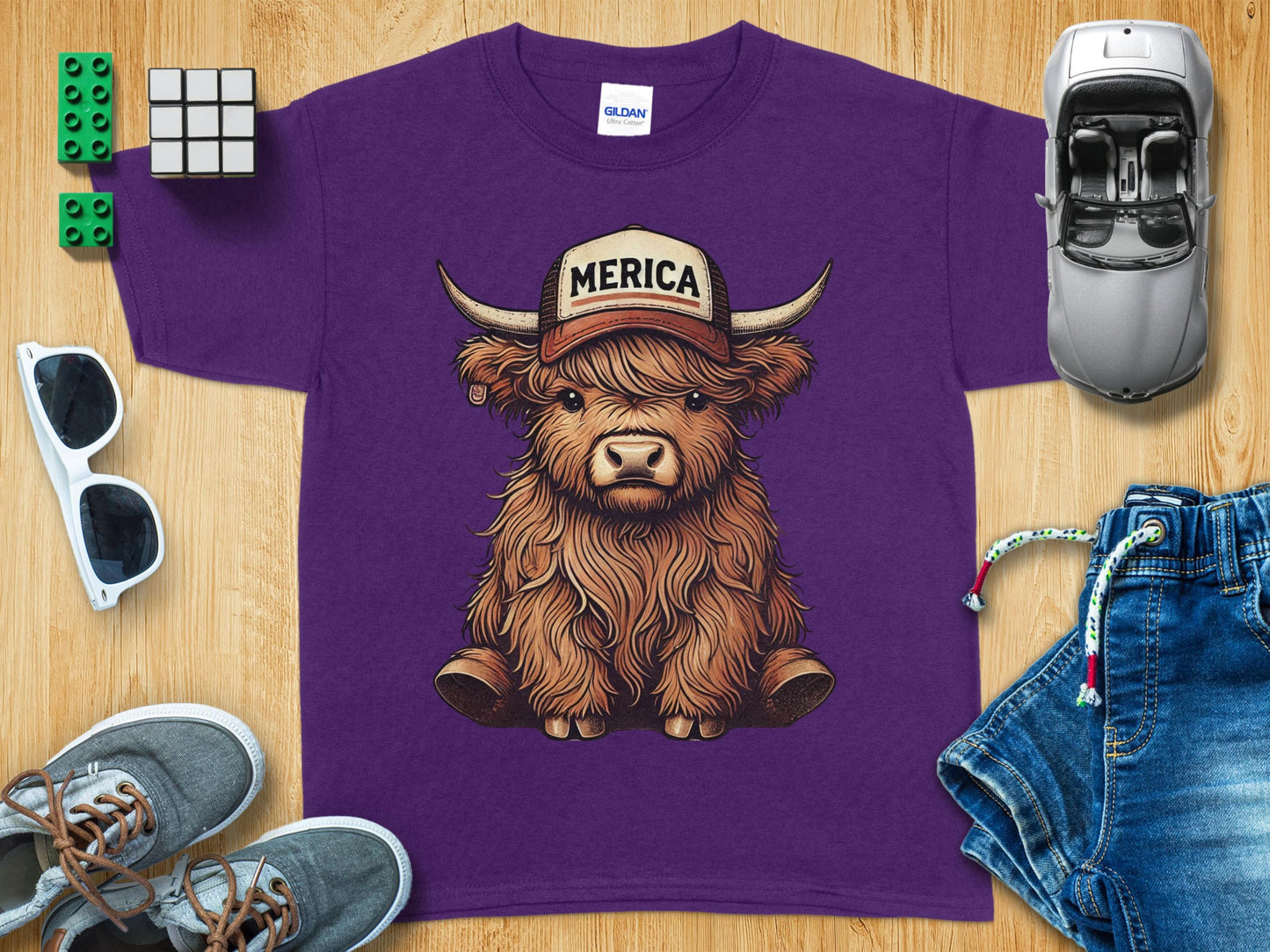 Adorable Highland Cow Graphic Kids Purple Apparel product type