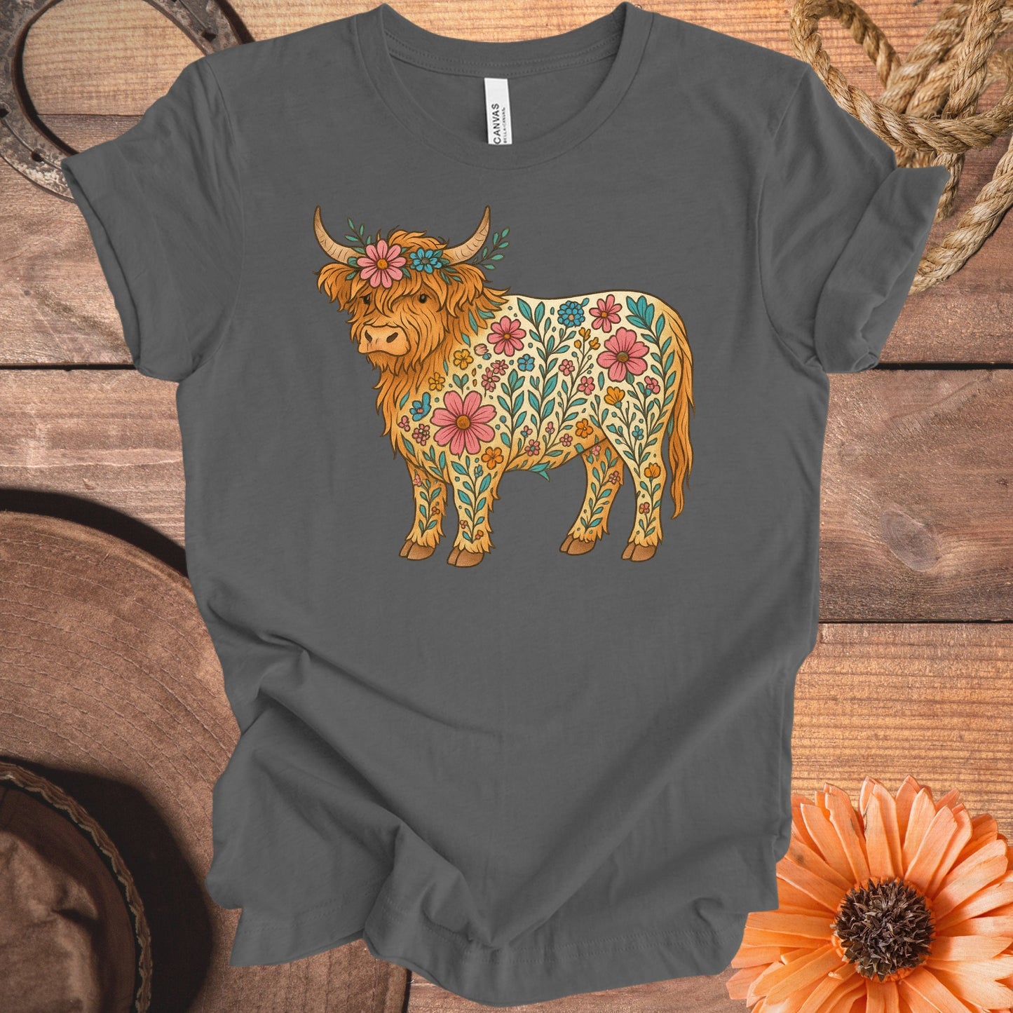 Floral Highland Cow Graphic on Charcoal Gray Shirt product type