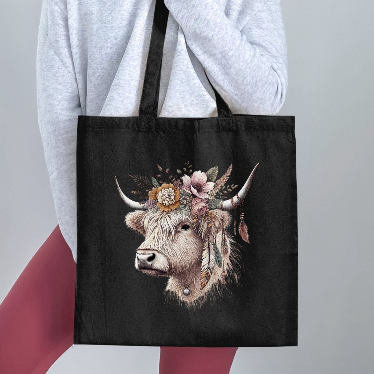 Floral Highland Cow Design Reusable Tote Bag product
