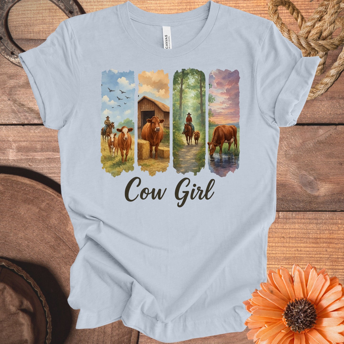 Vintage Farm Scenes and Cowgirl Silhouette T-shirt product type