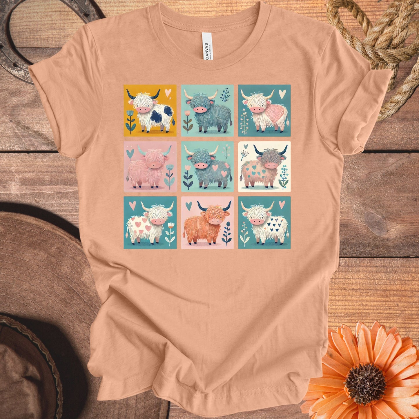 Cute Highland Cows Grid Graphic Print T-Shirt product