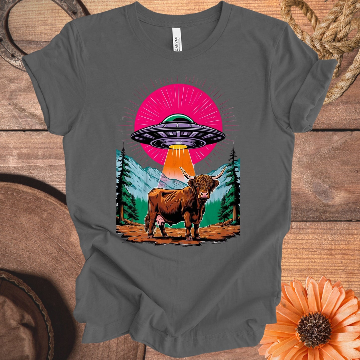 UFO Abduction Highland Cow Graphic T-Shirt product