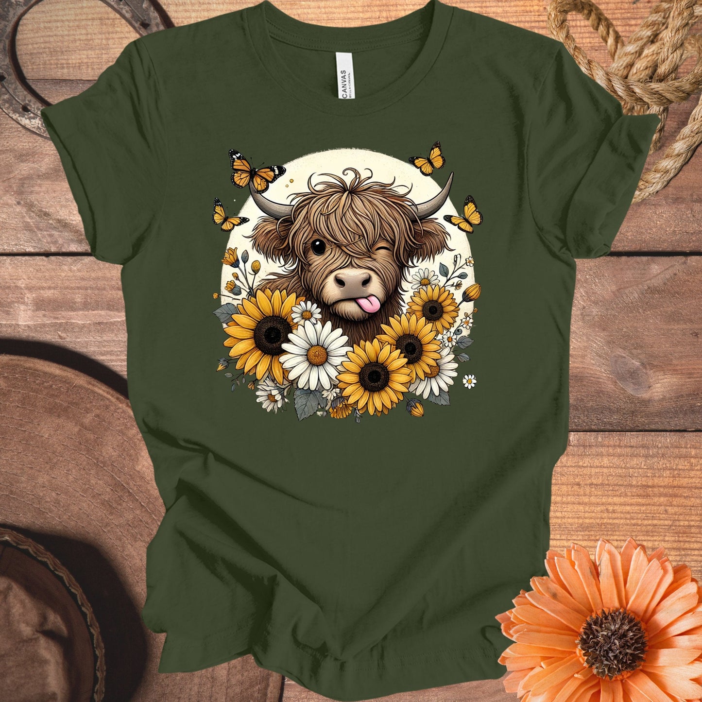 Highland Cow Sunflowers Butterflies Funny T-Shirt product type