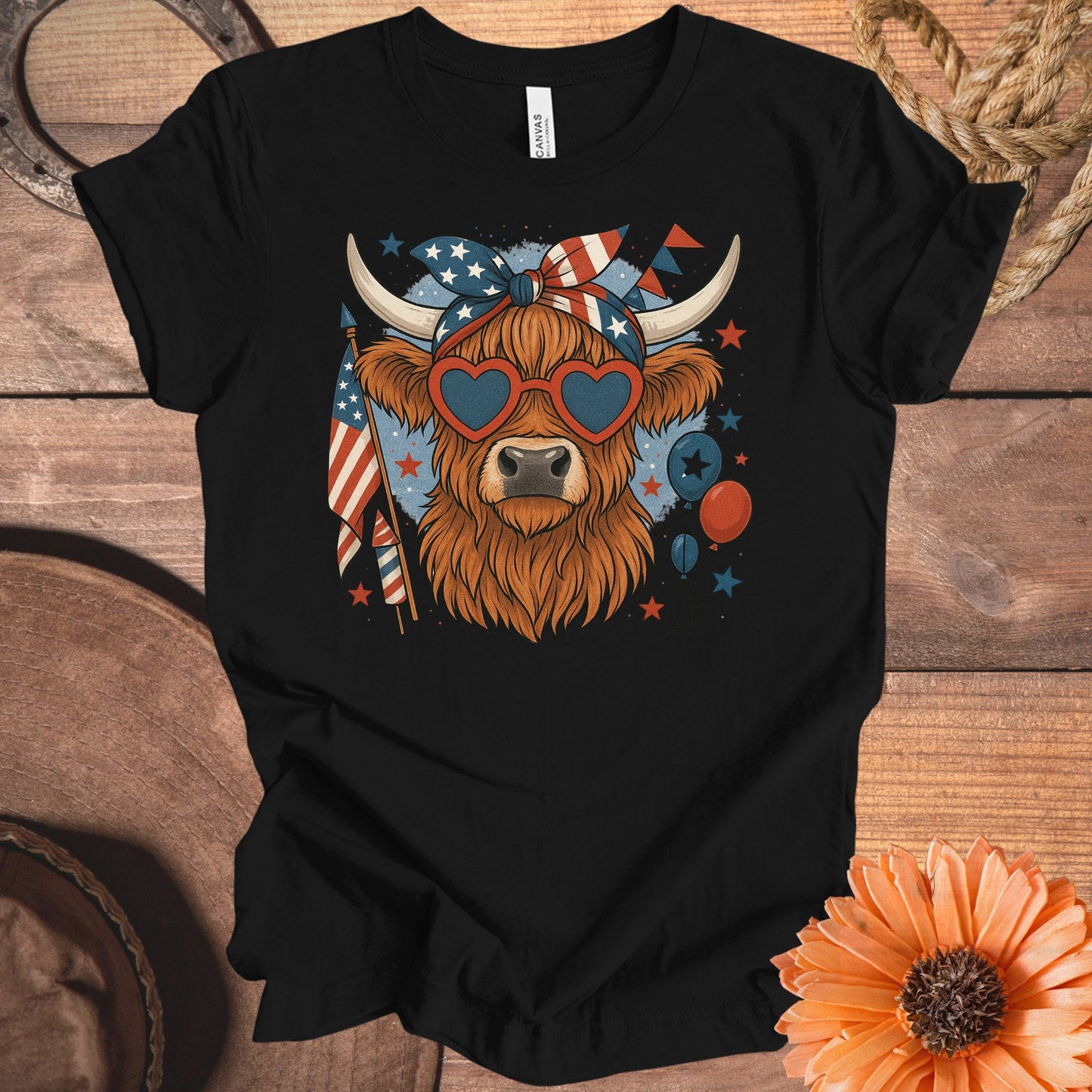 Patriotic Highland Cow Graphic Tee Shirt product type