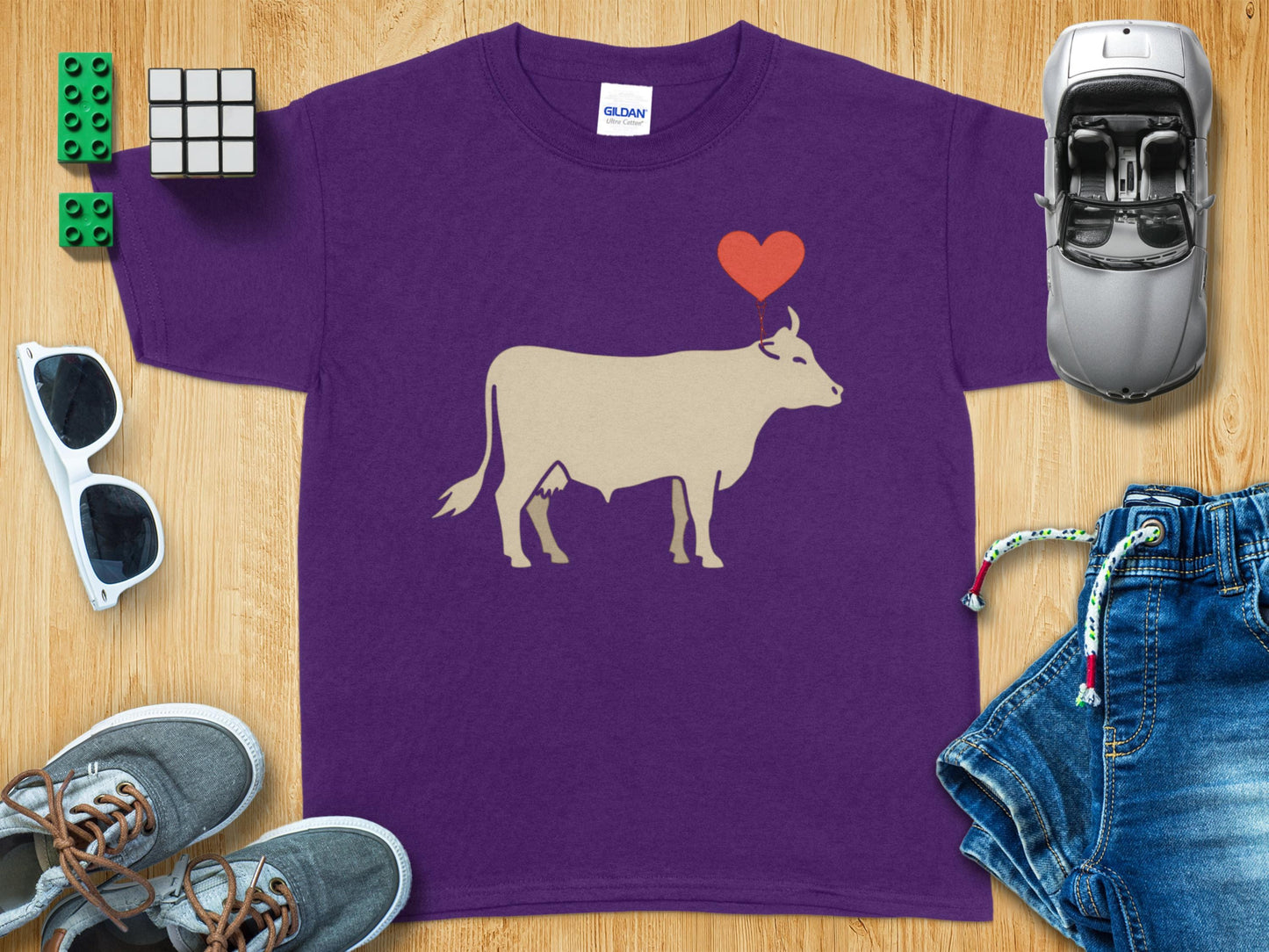 Purple T-Shirt with Cow and Heart Design product