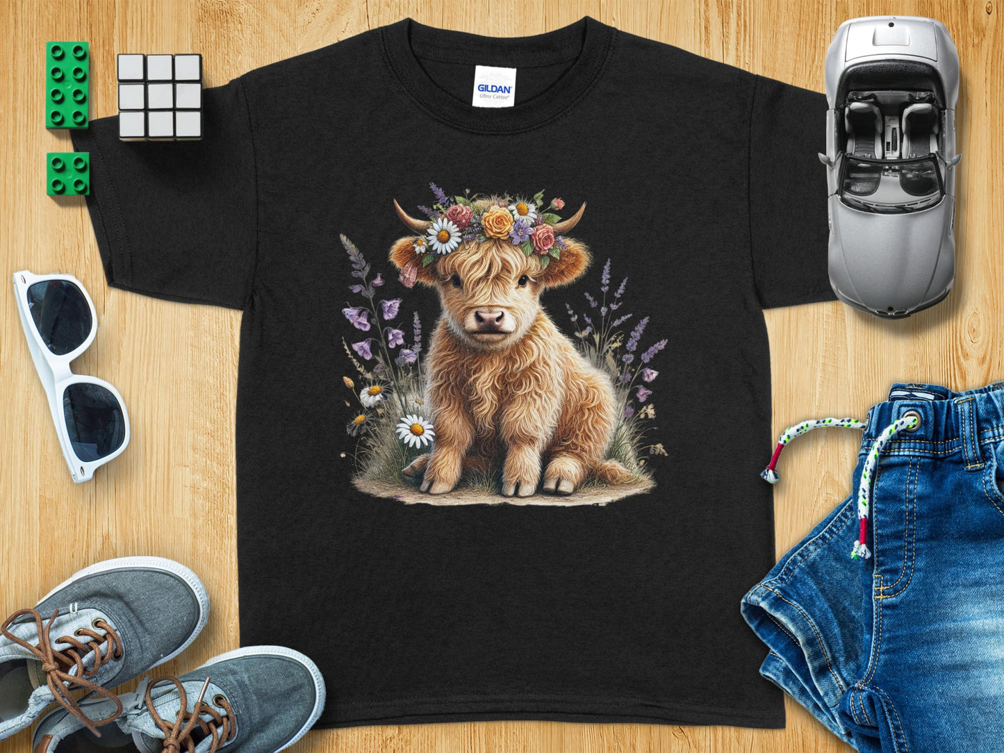 Adorable Highland Cow Floral Design Kids T-Shirt product