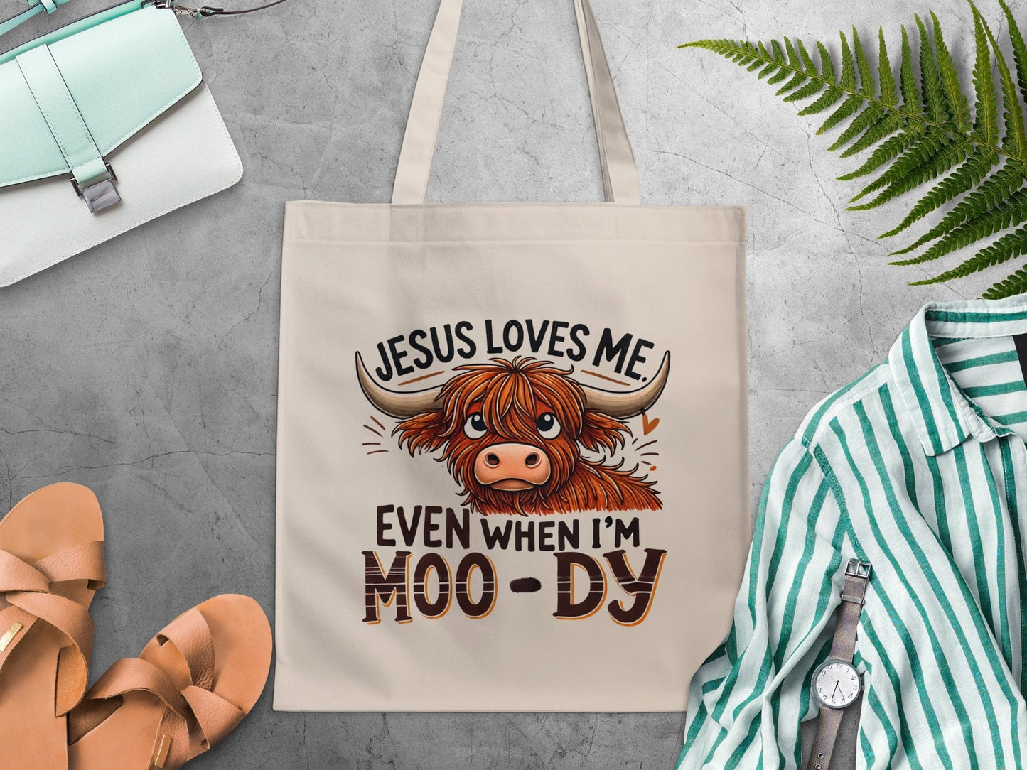 Jesus Loves Me Even When I'm Moo-dy Tote Bag Product