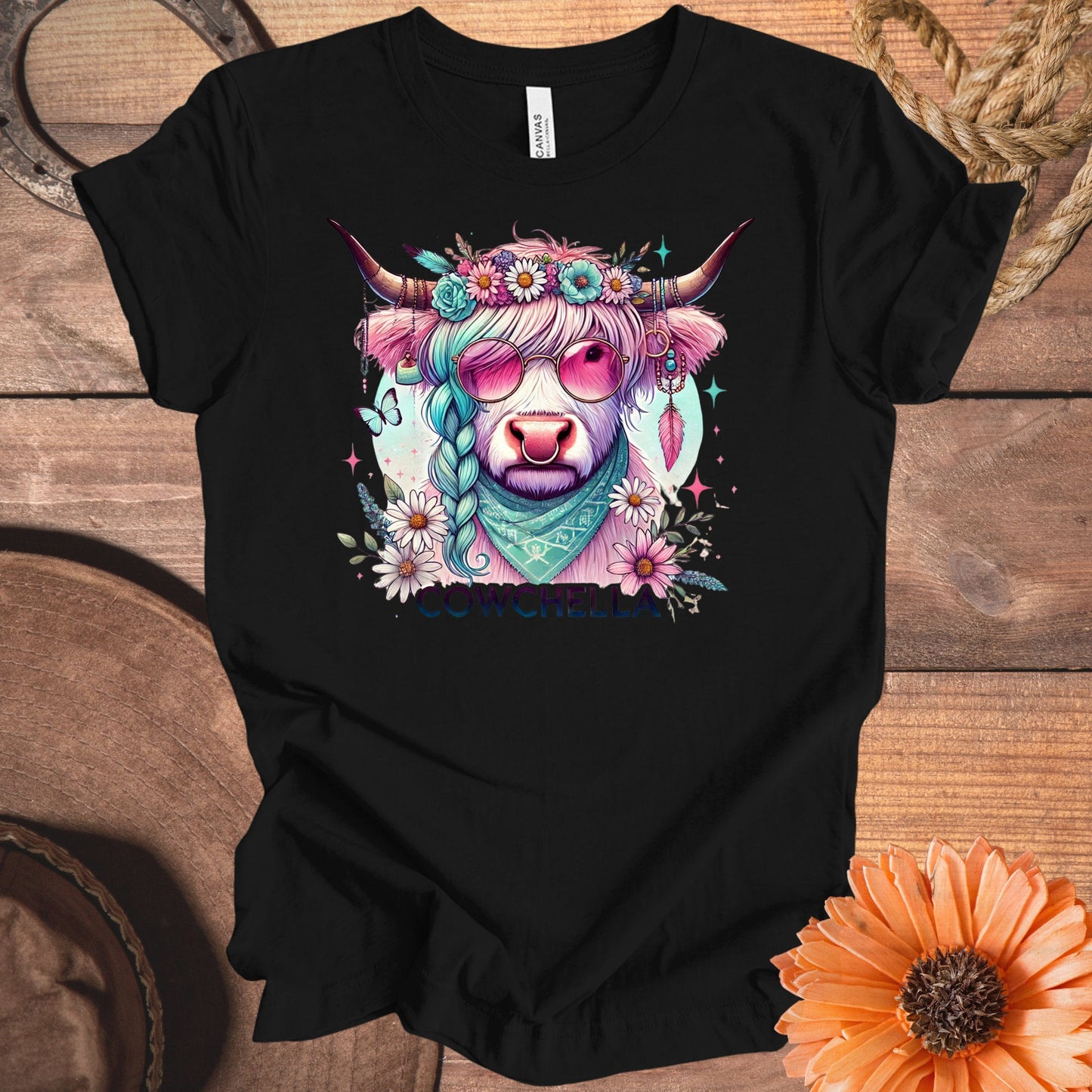 Cowchella Graphic Tee with Colorful Cow Design product type