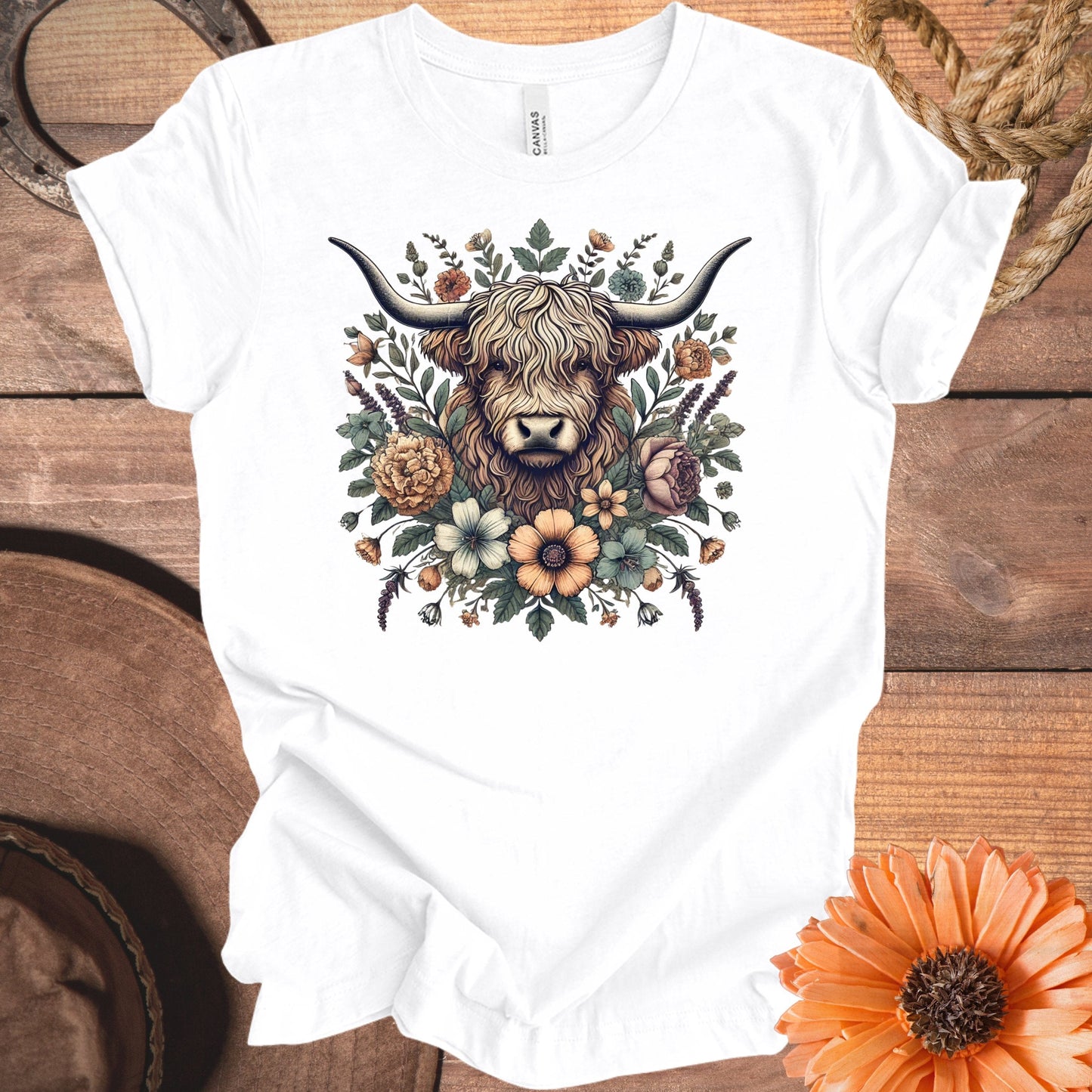Highland Cow Floral Graphic Tee Shirt product type