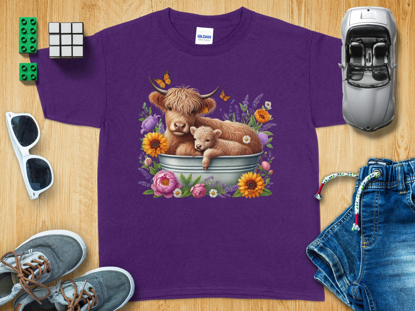 Cute Highland Cow and Calf in Flower Bucket T-Shirt product