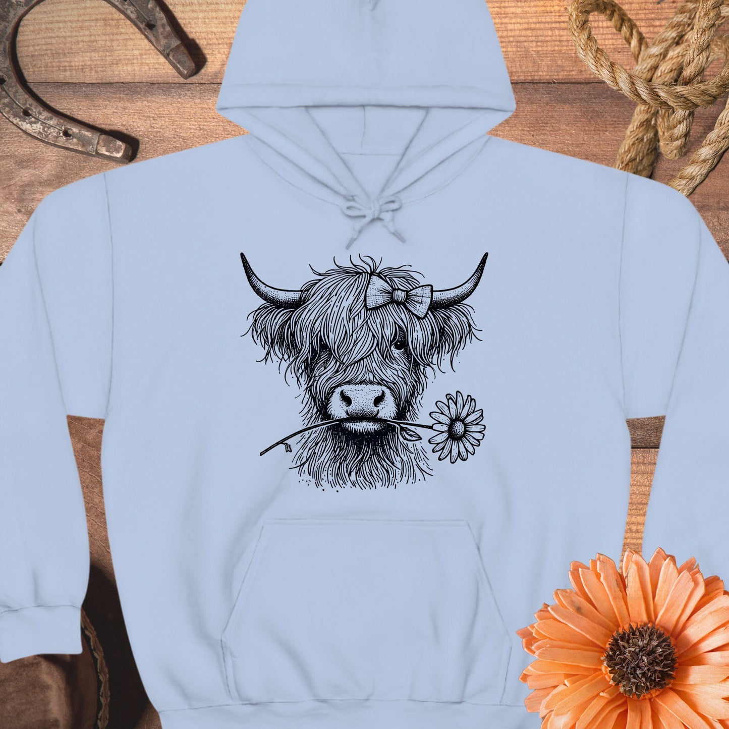 Highland Cow Hoodie with Flower Design product