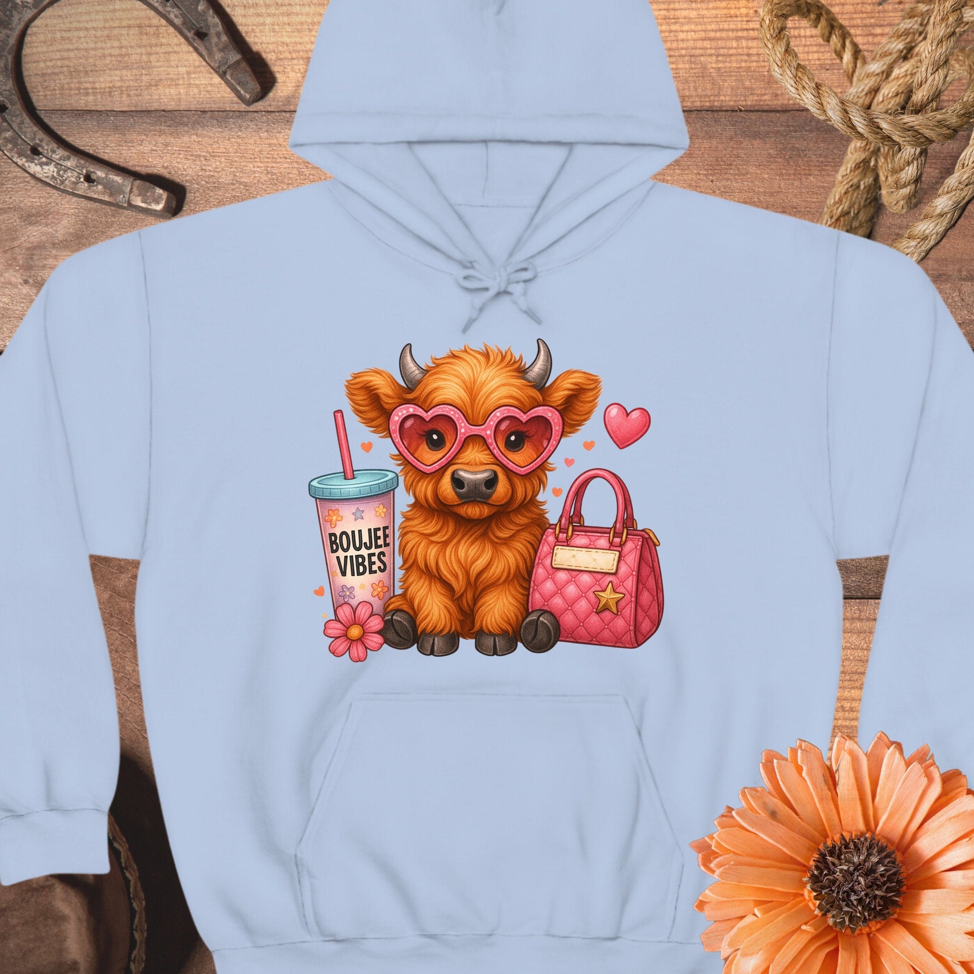 Cute Highland Cow with Heart Glasses Hoodie product