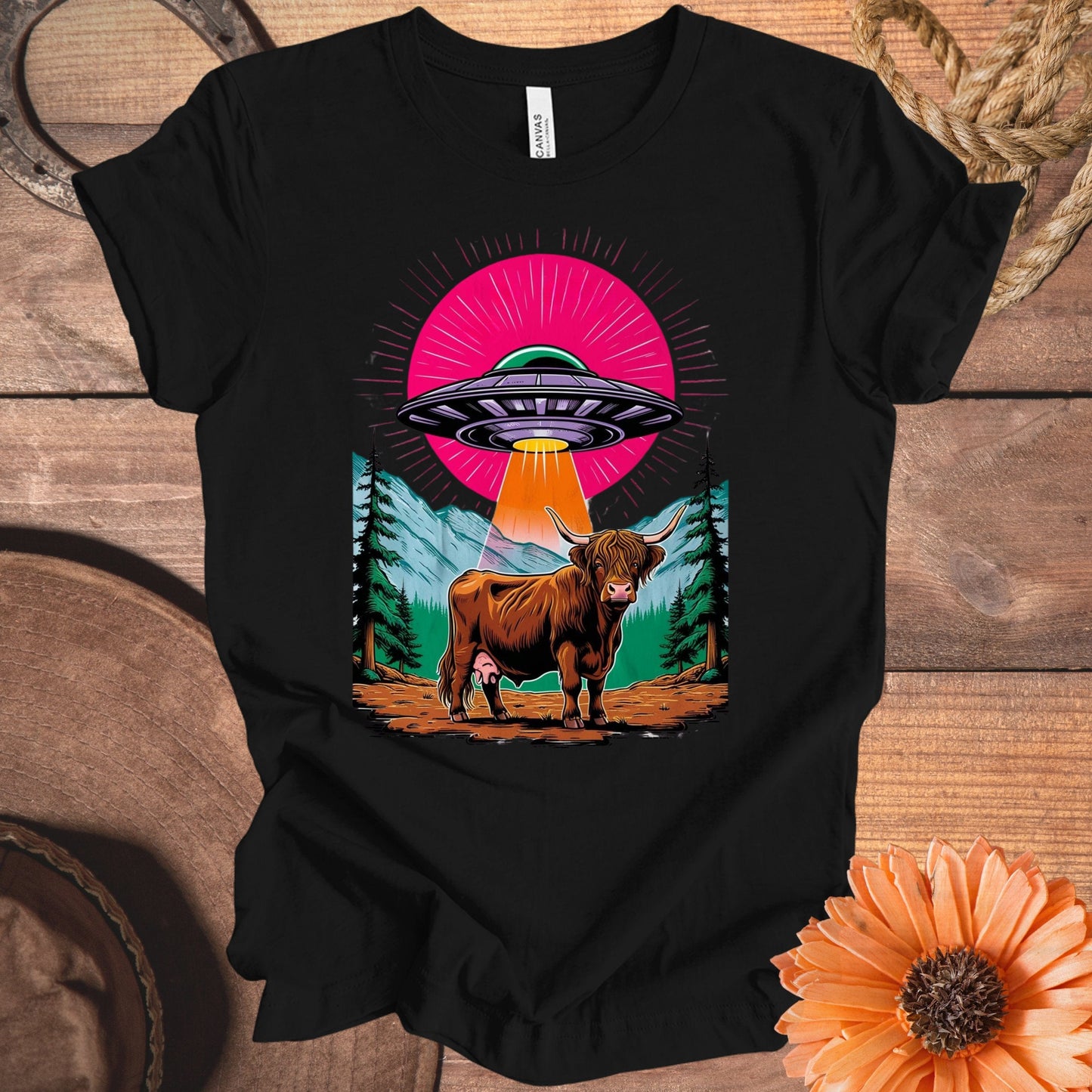 Alien UFO Abducting Highland Cow Graphic T-shirt product