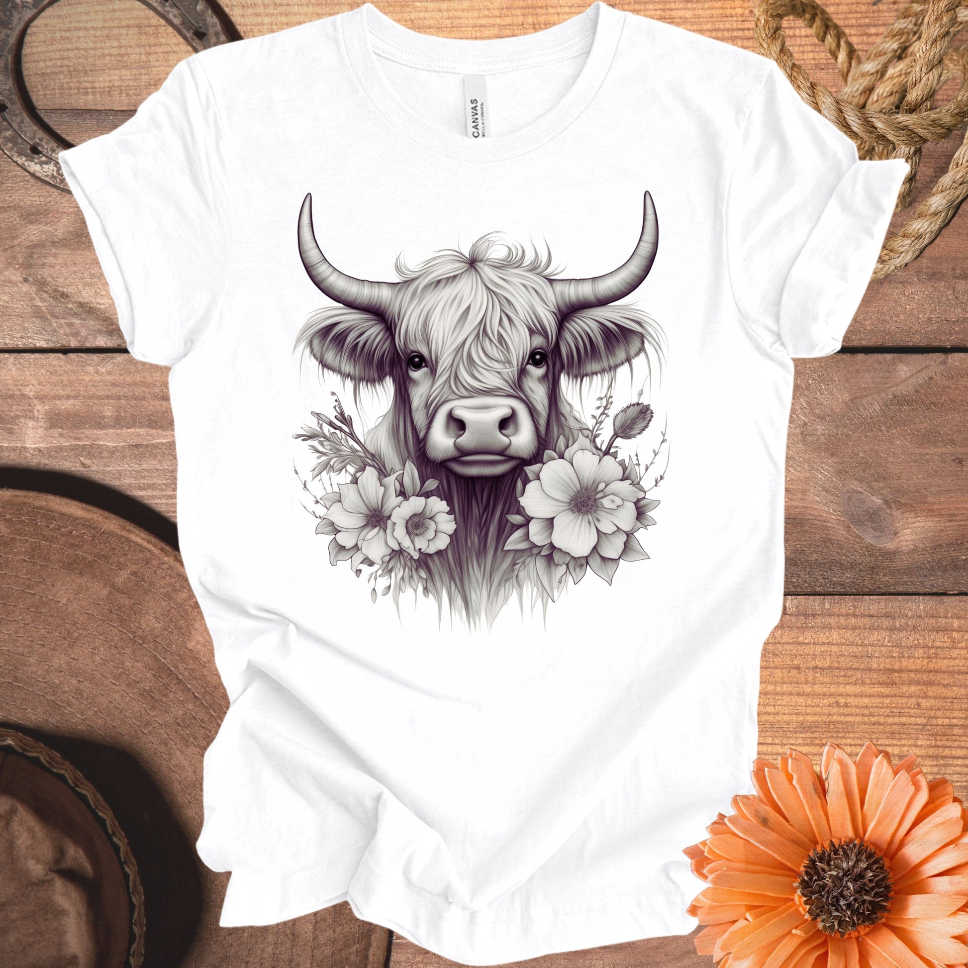 Scottish Highland Cow with Floral Design T-Shirt product