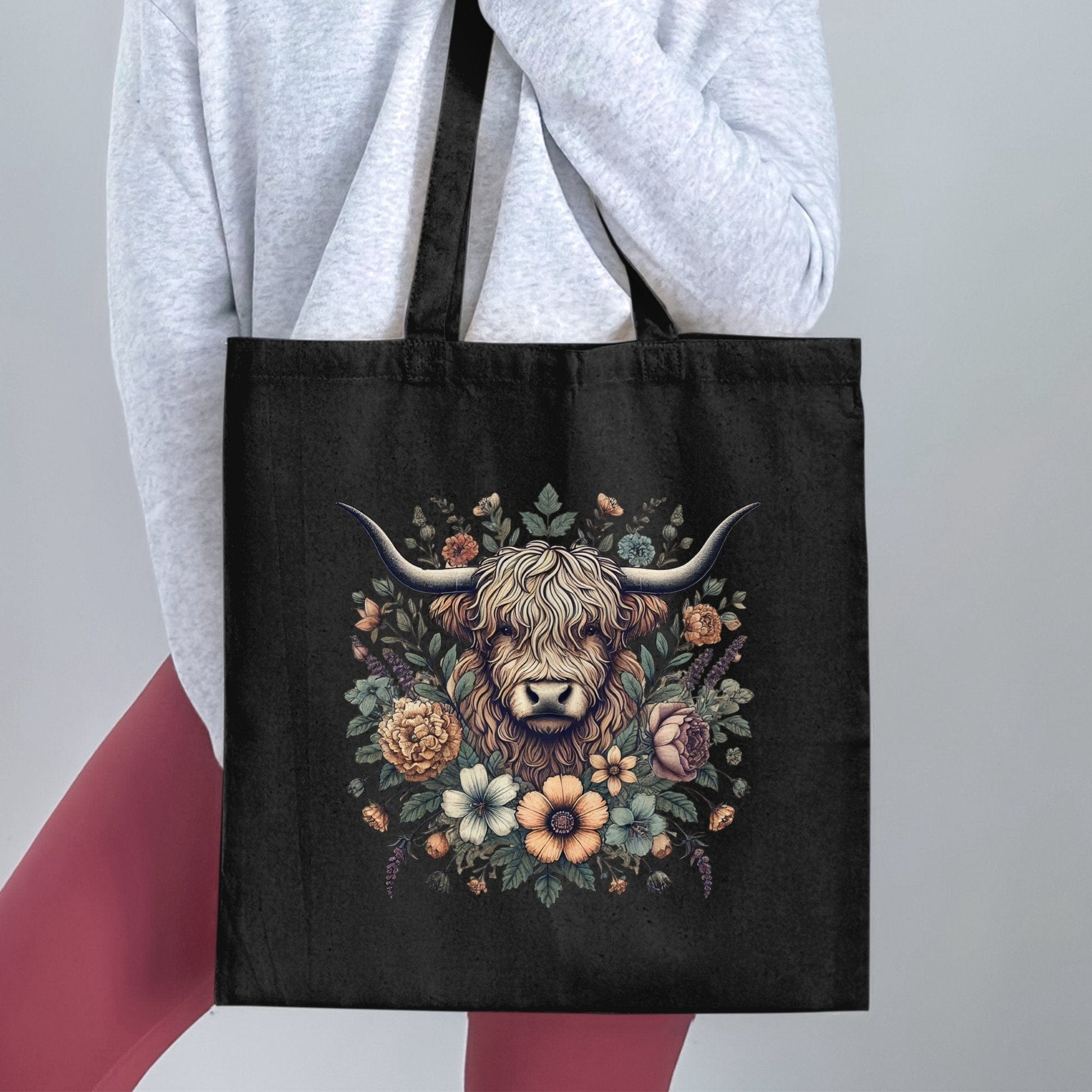 Artistic Highland Cow Floral Design Tote Bag product