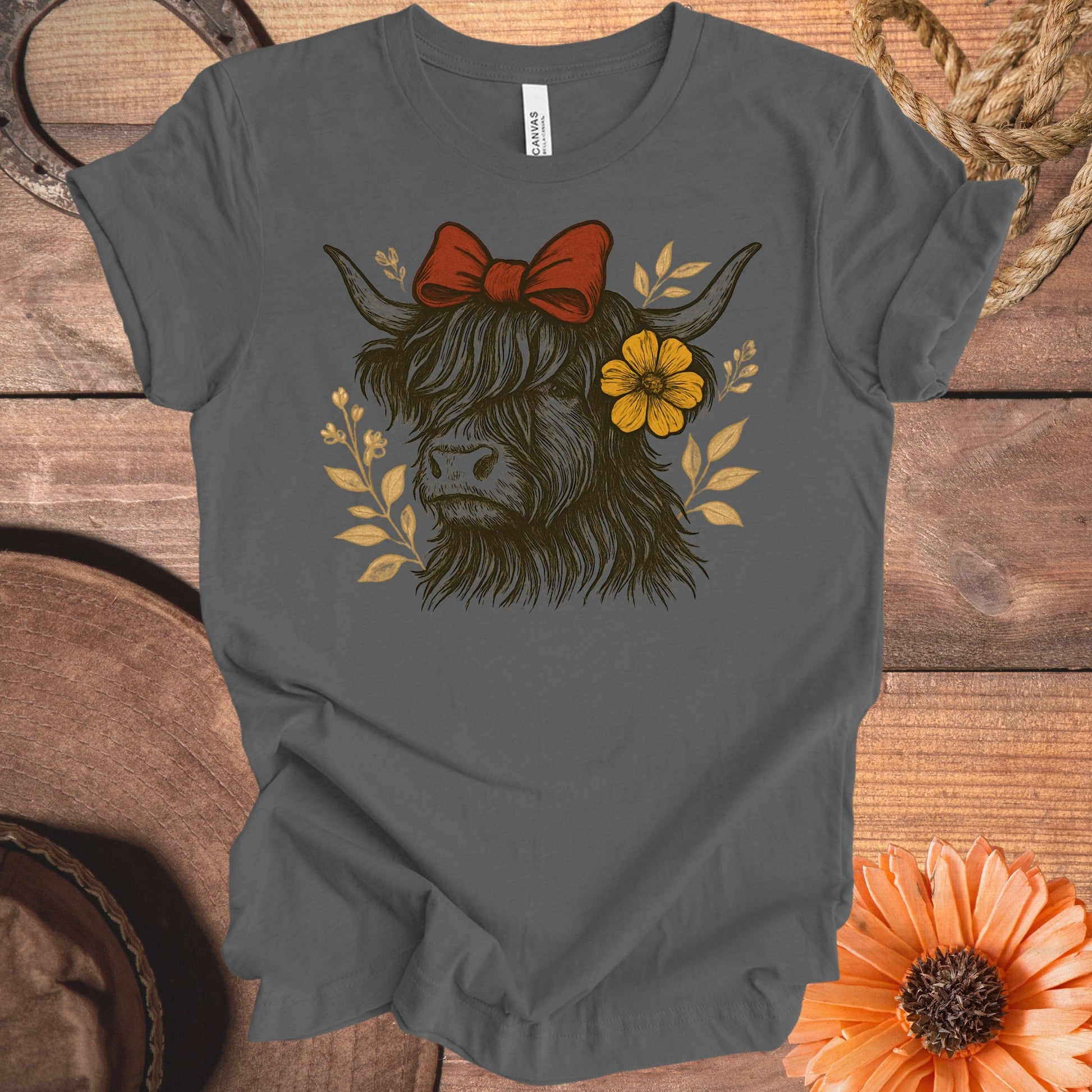 Highland Cow with Red Bow Graphic Tee Shirt product