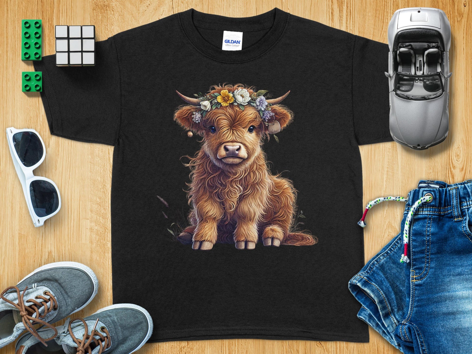 Cute Highland Cow with Flower Crown Kids T-shirt product