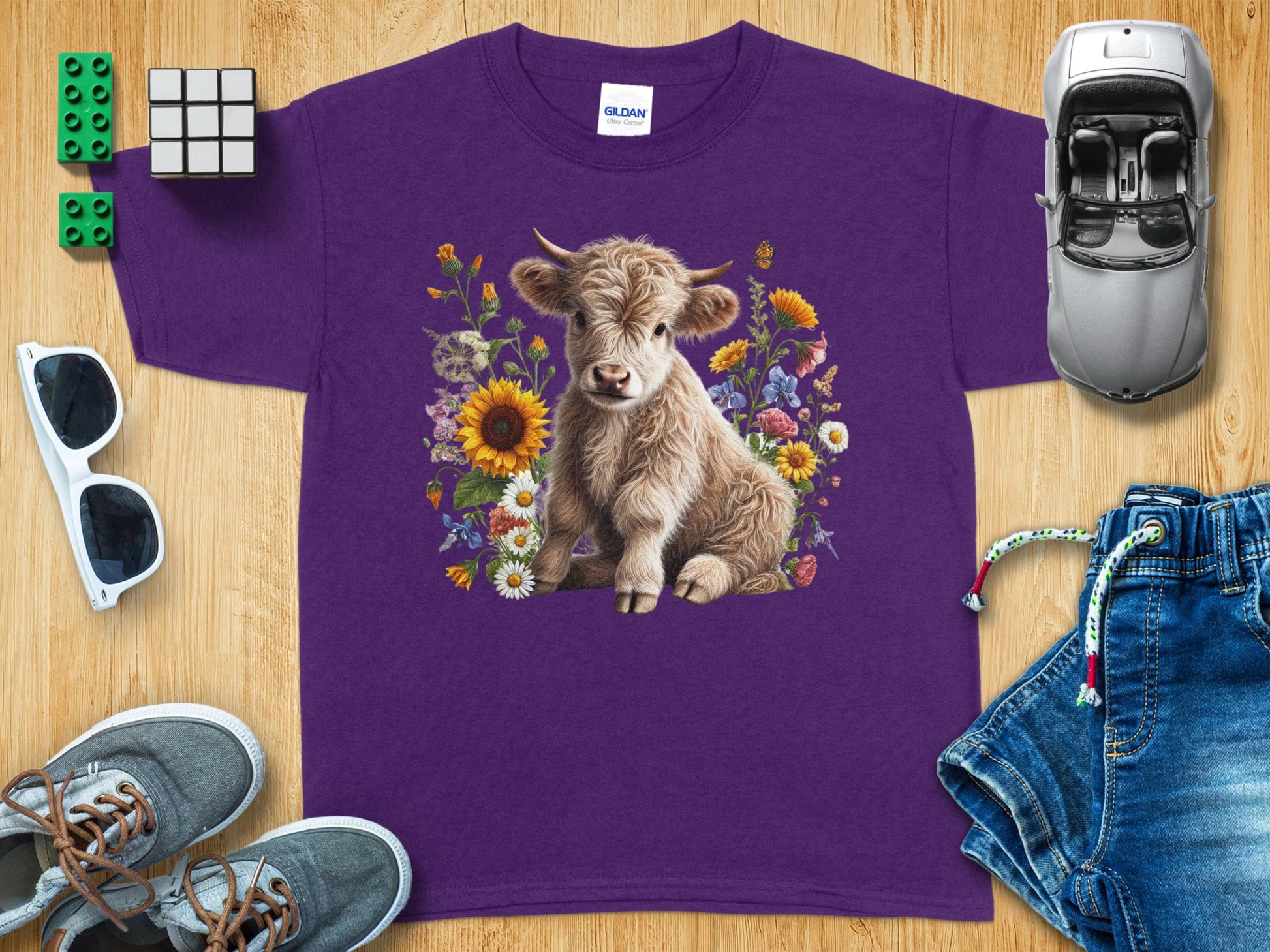 Purple T-shirt with Cute Highland Cow and Flowers product